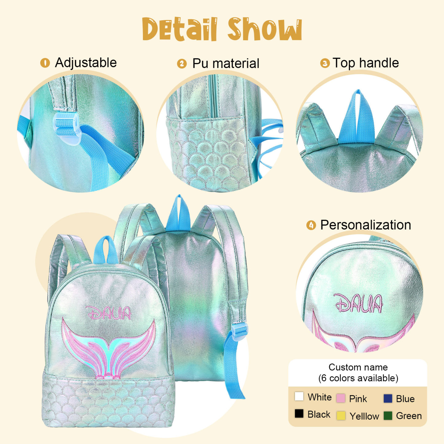 Personalised Embroidery Name Girls Mermaid Backpack Holographic Quilted Pattern Fish Tail Decor Classic Backpack Gift for Kids | Jessemade