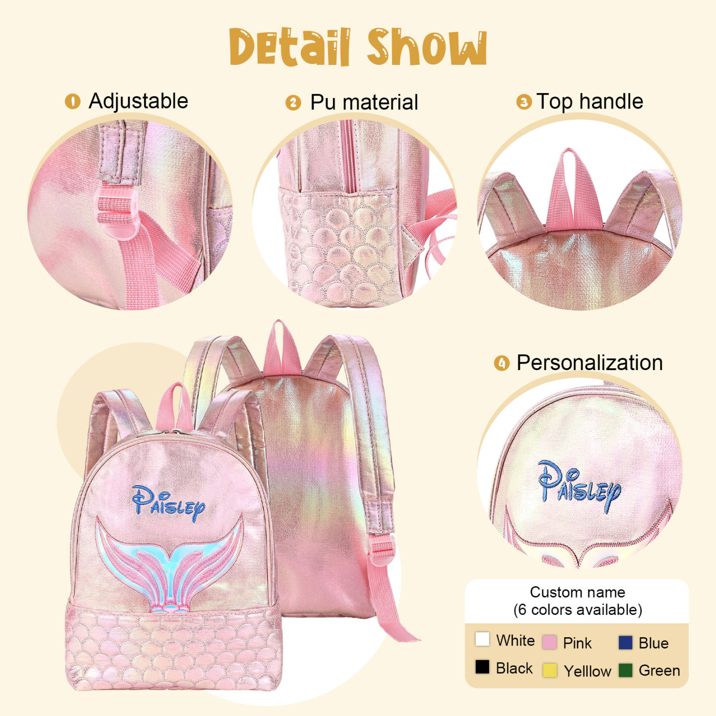 Personalised Embroidery Name Girls Mermaid Backpack Holographic Quilted Pattern Fish Tail Decor Classic Backpack Gift for Kids | Jessemade