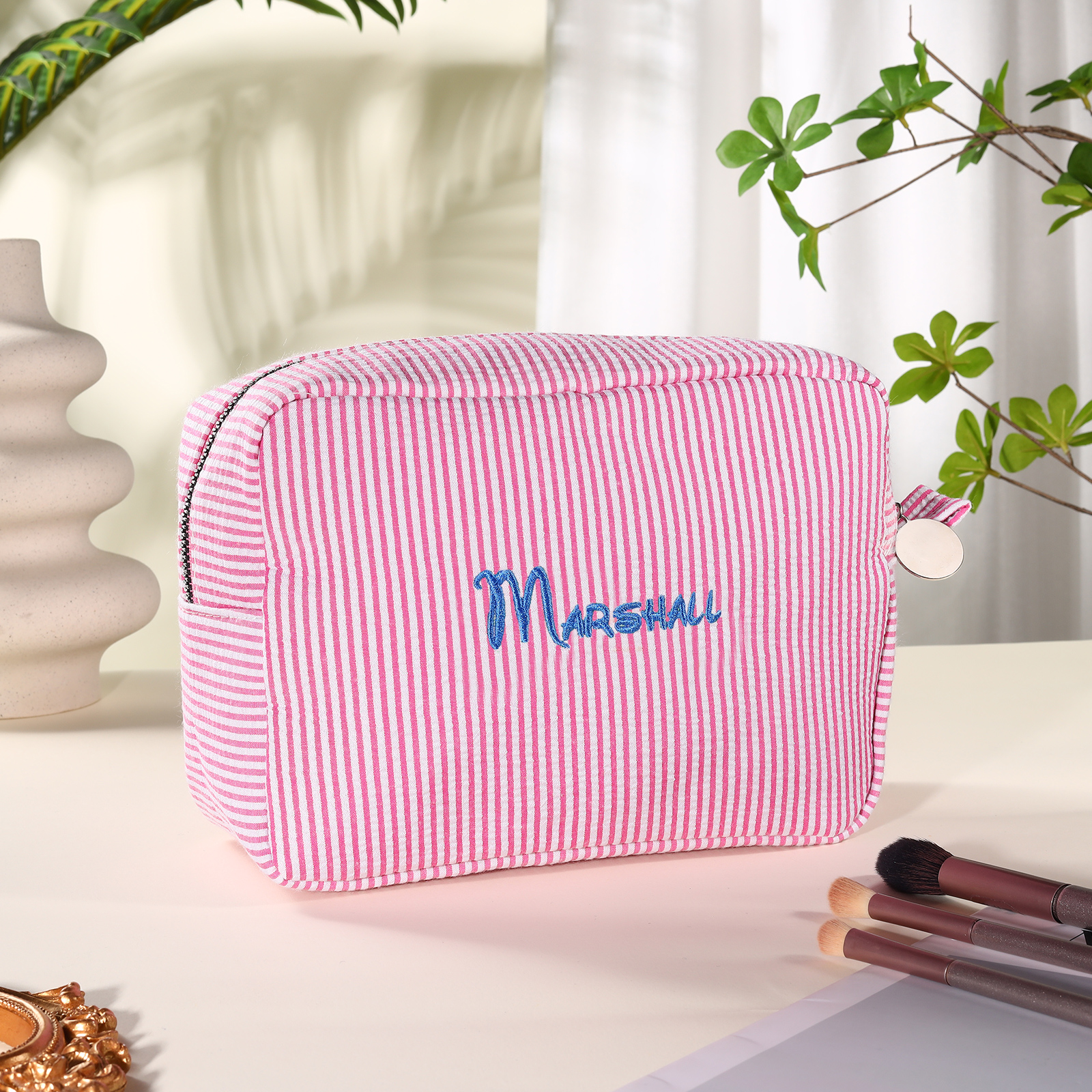 Personalised Striped Embroidered Bag – Custom Name Makeup/Wash Bag – Pink/Green/Blue/Yellow Options – Gift for Her | Jessemade