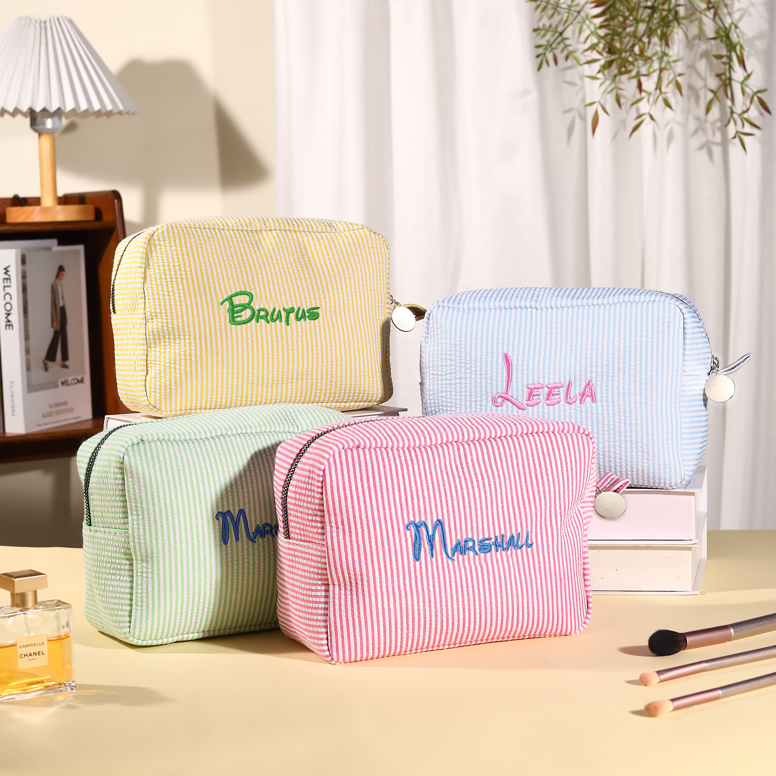 Personalised Striped Embroidered Bag – Custom Name Makeup/Wash Bag – Pink/Green/Blue/Yellow Options – Gift for Her | Jessemade