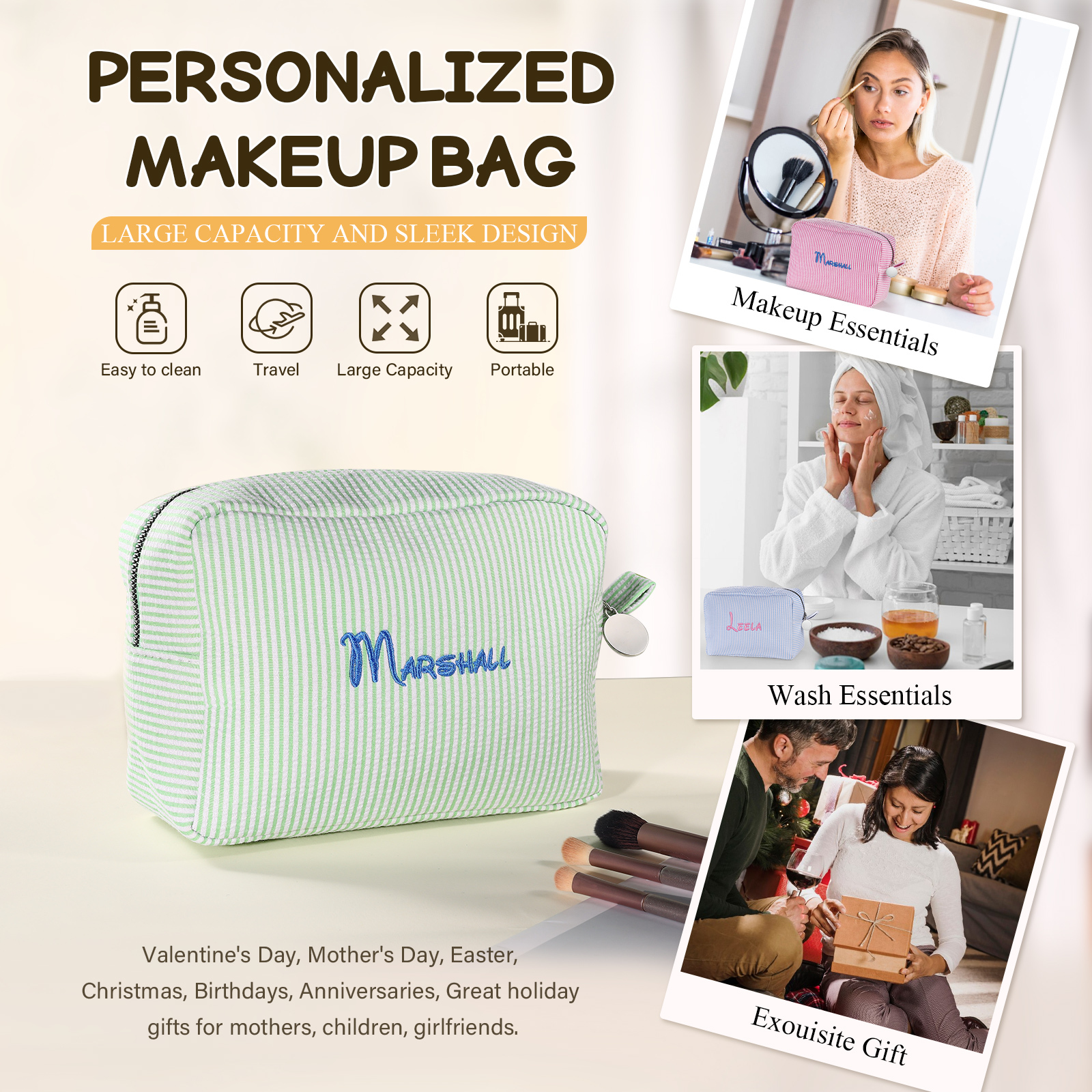 Personalised Striped Embroidered Bag – Custom Name Makeup/Wash Bag – Pink/Green/Blue/Yellow Options – Gift for Her | Jessemade