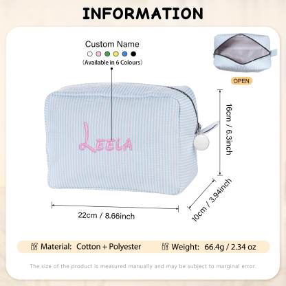 Personalised Striped Embroidered Bag – Custom Name Makeup/Wash Bag – Pink/Green/Blue/Yellow Options – Gift for Her | Jessemade
