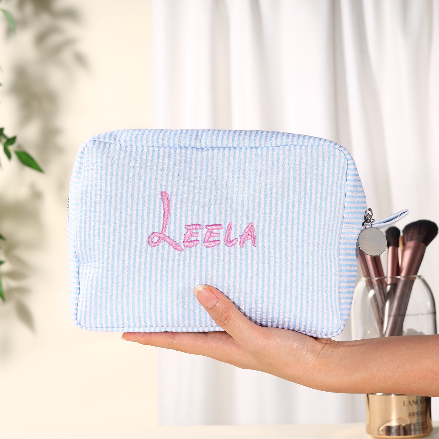 Personalised Striped Embroidered Bag – Custom Name Makeup/Wash Bag – Pink/Green/Blue/Yellow Options – Gift for Her | Jessemade