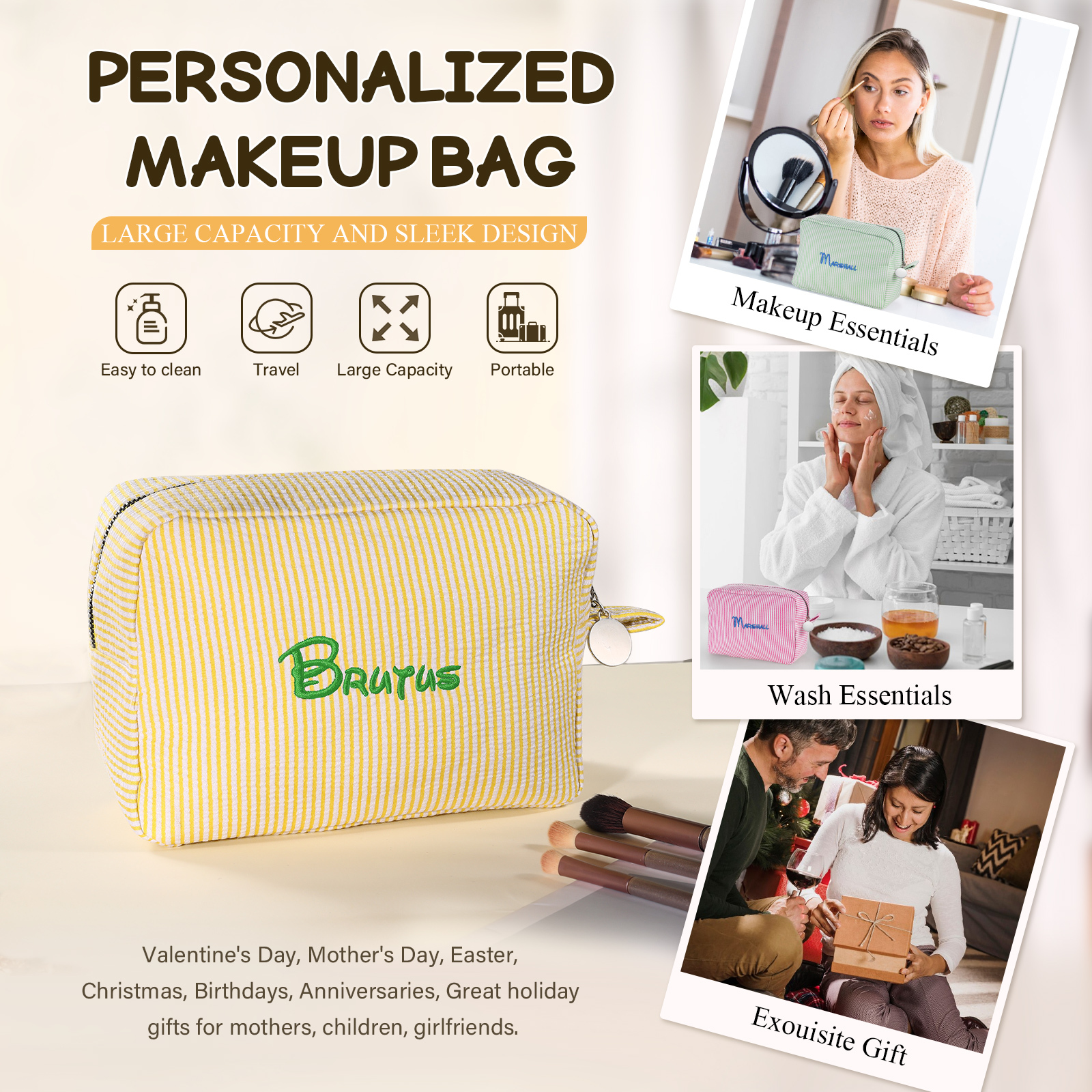 Personalised Striped Embroidered Bag – Custom Name Makeup/Wash Bag – Pink/Green/Blue/Yellow Options – Gift for Her | Jessemade