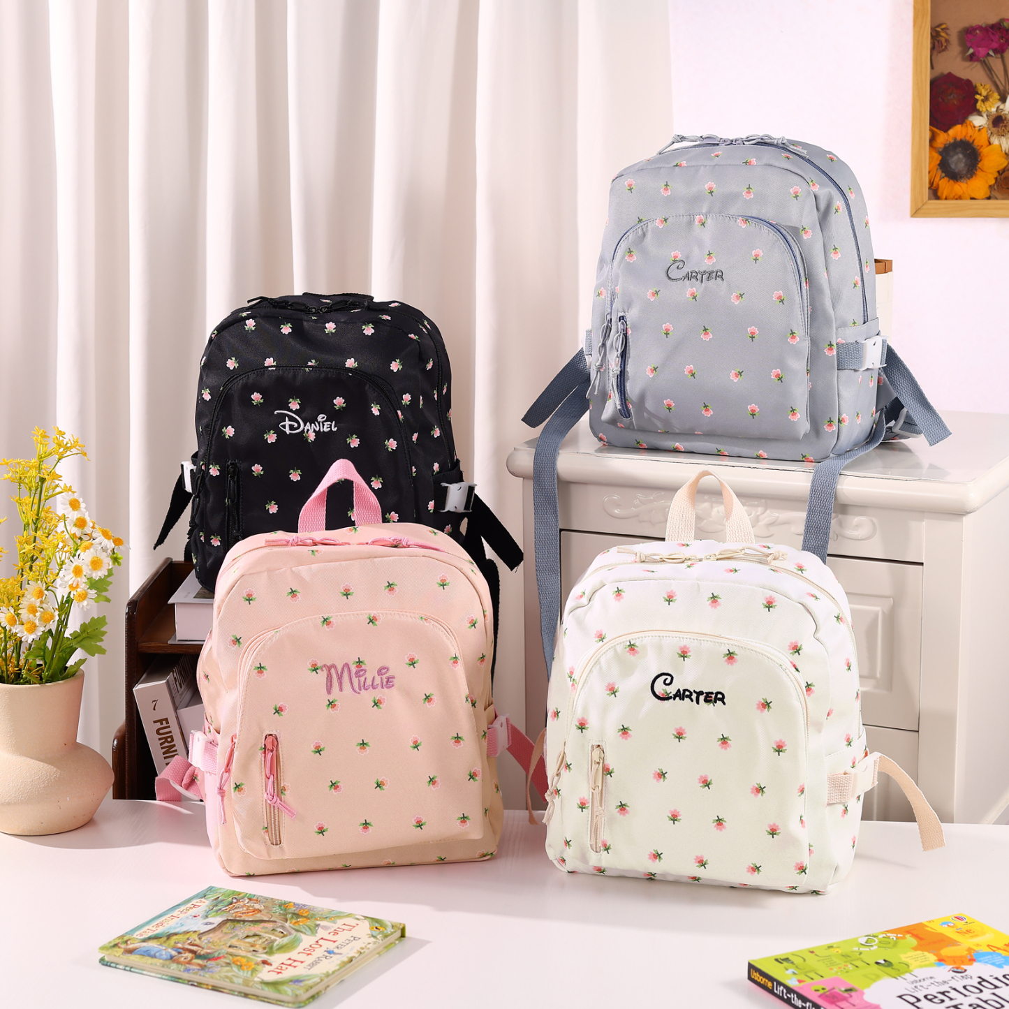 Personalised Kids School Bag with Name & Flowers – Back to School Gift | Jessemade