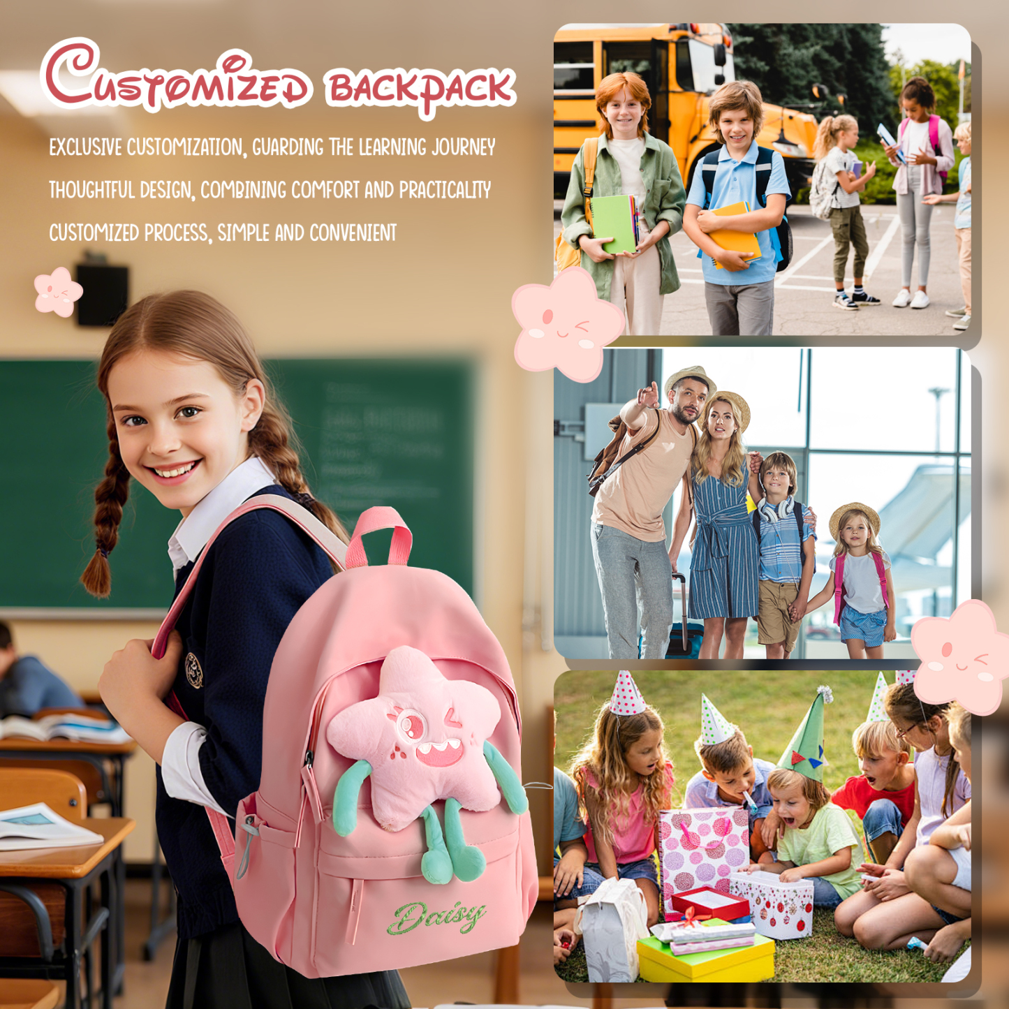 Personalised Star Backpack with 1 Custom Name and Colour, 5 Colours | Jessemade