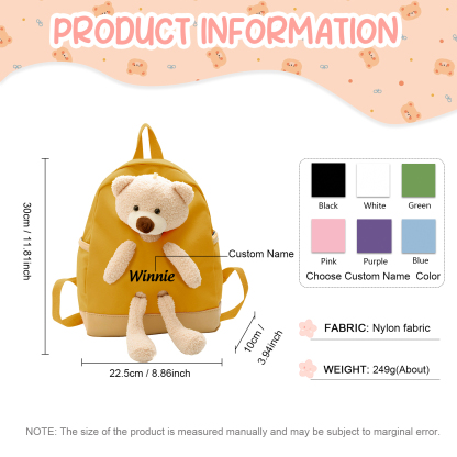 Personalised Teddy Bear Children's Backpack – Custom Name Rucksack, Cute Plush School Bag for Kids (Multiple Colours) – Back to School Gift | Jessemade