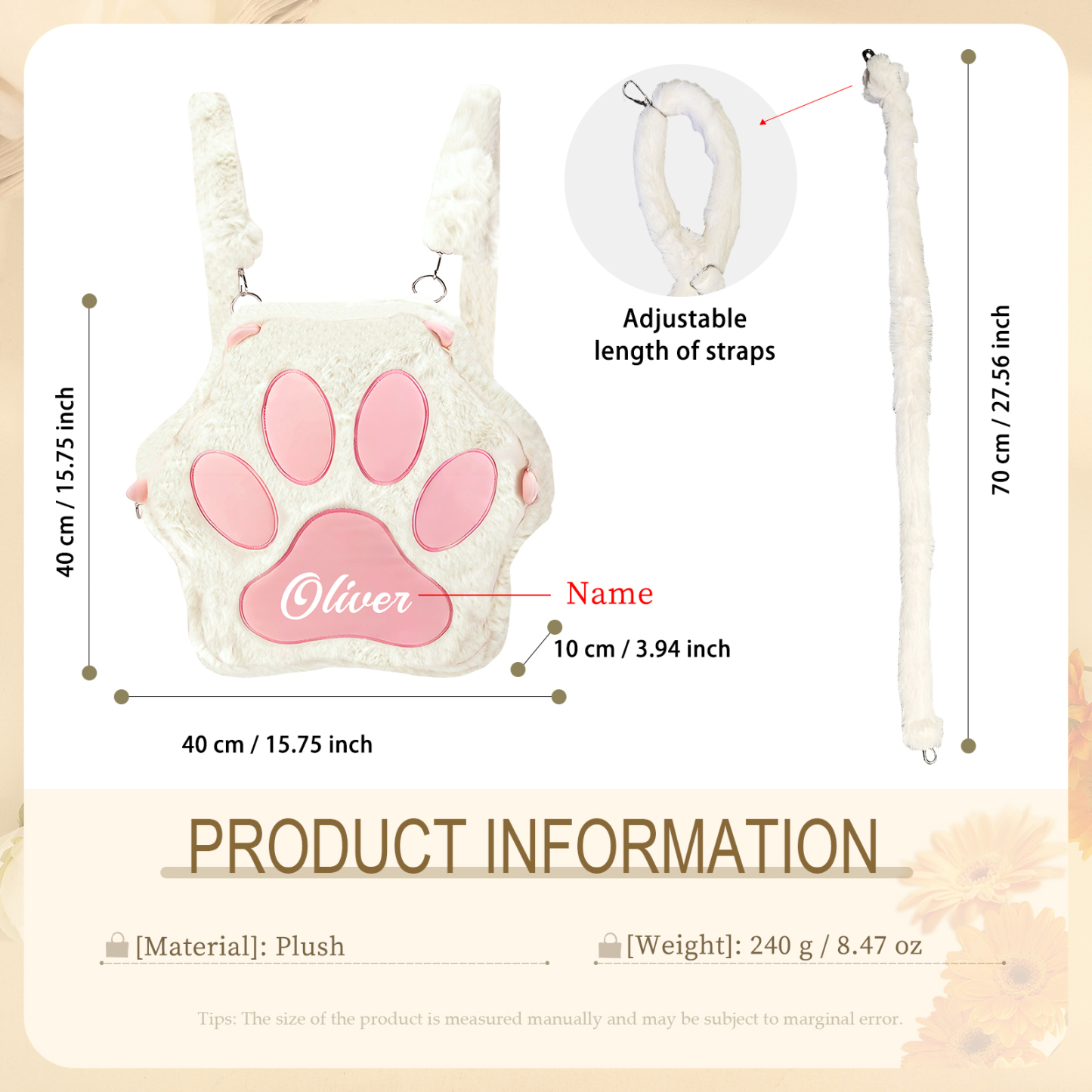 Personalised Paw Print Kids Backpack – Custom Name Plush Rucksack, Adorable Animal Paw Bag (6 Colours Available) – Back to School Gift | Jessemade