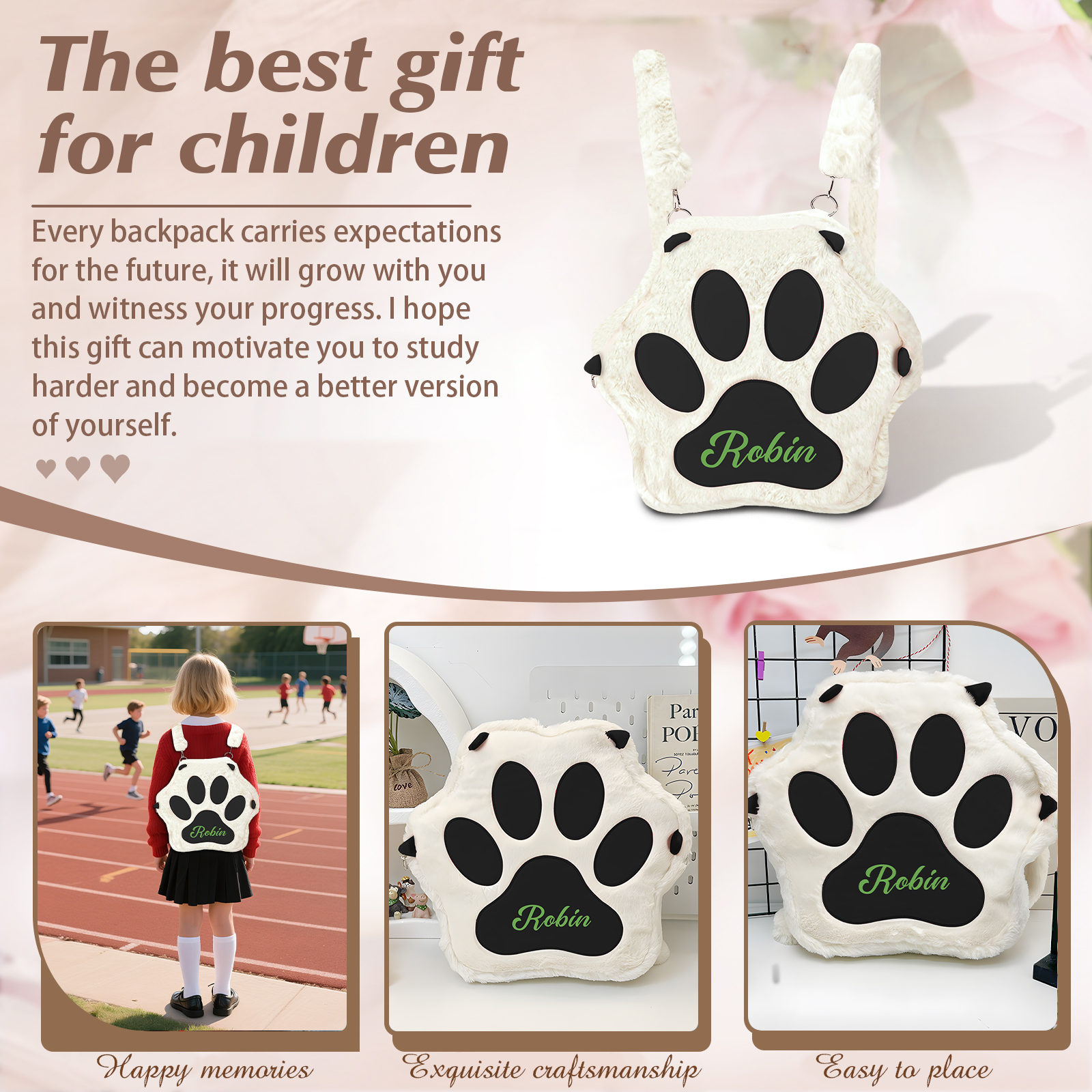 Personalised Paw Print Kids Backpack – Custom Name Plush Rucksack, Adorable Animal Paw Bag (6 Colours Available) – Back to School Gift | Jessemade