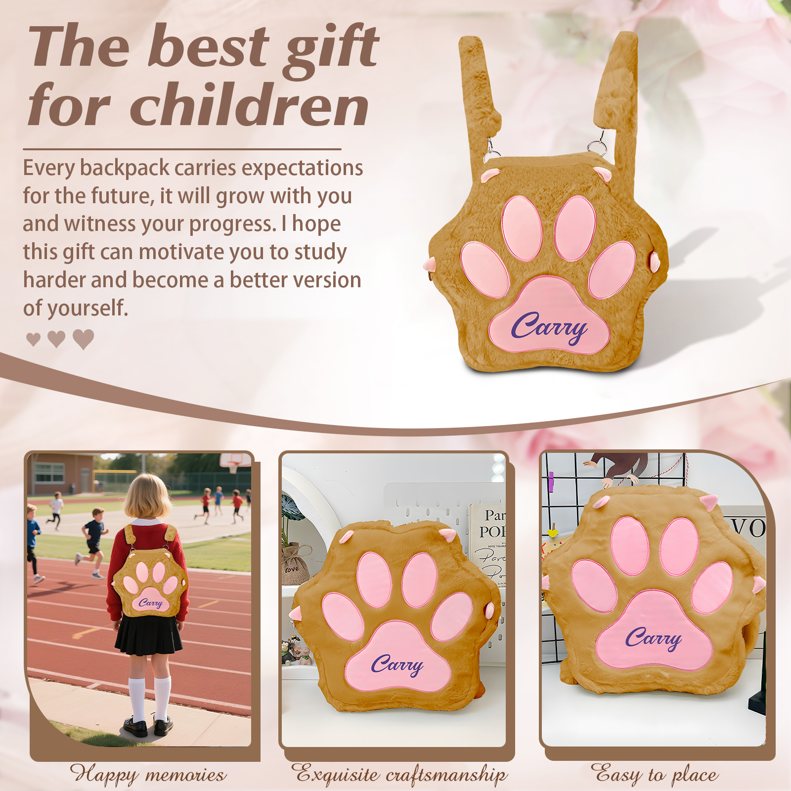 Personalised Paw Print Kids Backpack – Custom Name Plush Rucksack, Adorable Animal Paw Bag (6 Colours Available) – Back to School Gift | Jessemade