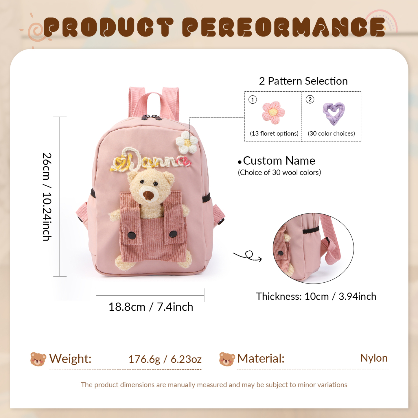 Personalised Kids Backpack with Custom Name & Teddy Bear – Flower & Heart Wool Patches School Bag Gift for Kids | Jessemade