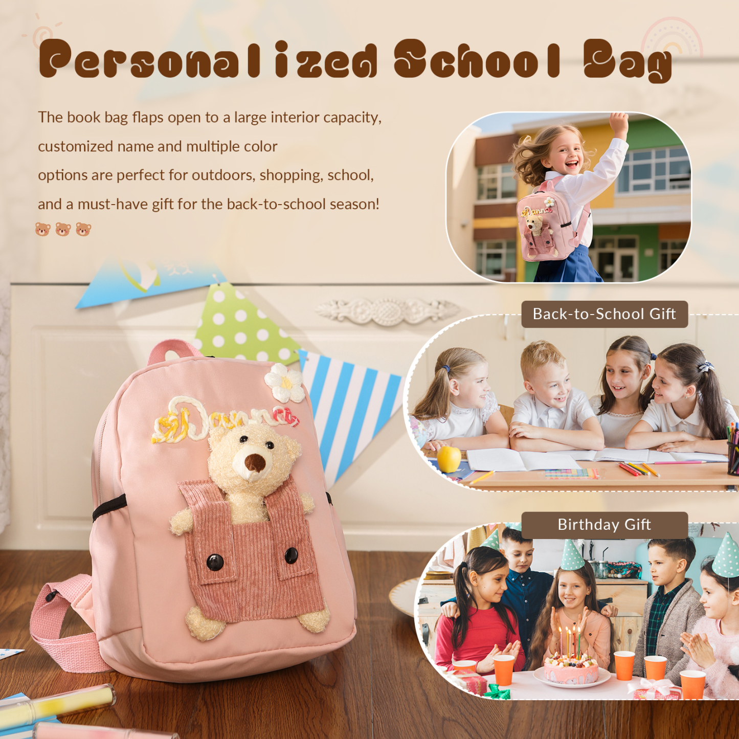 Personalised Kids Backpack with Custom Name & Teddy Bear – Flower & Heart Wool Patches School Bag Gift for Kids | Jessemade
