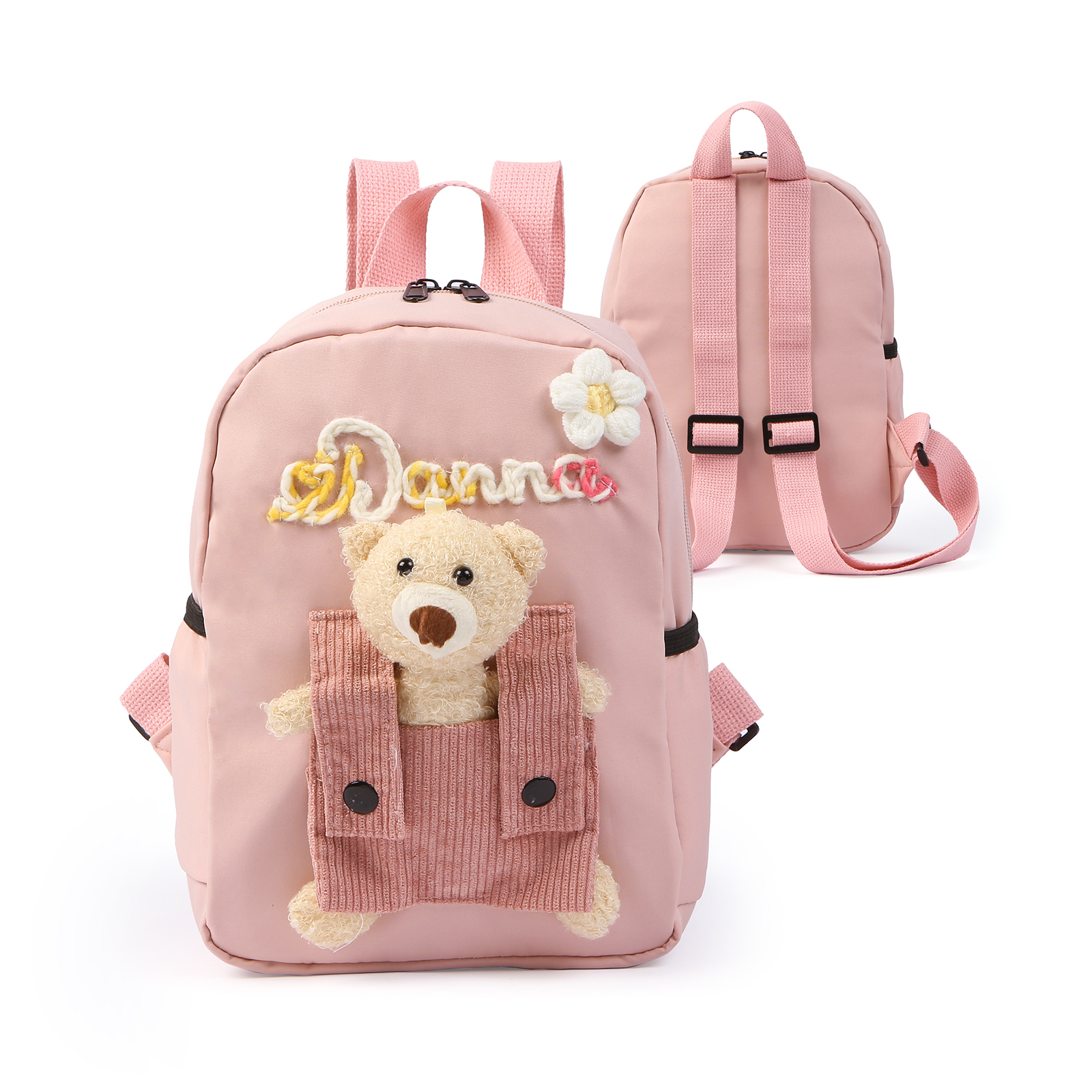 Personalised Kids Backpack with Custom Name & Teddy Bear – Flower & Heart Wool Patches School Bag Gift for Kids | Jessemade
