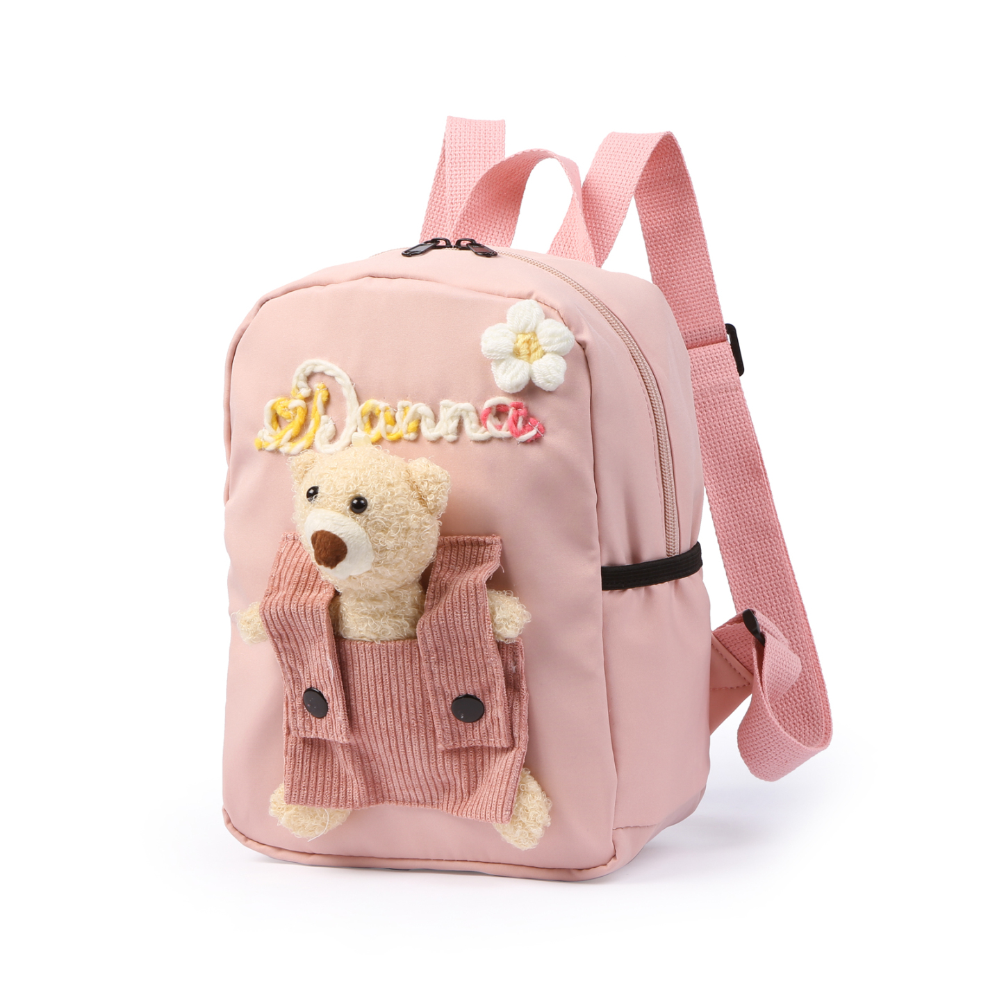 Personalised Kids Backpack with Custom Name & Teddy Bear – Flower & Heart Wool Patches School Bag Gift for Kids | Jessemade