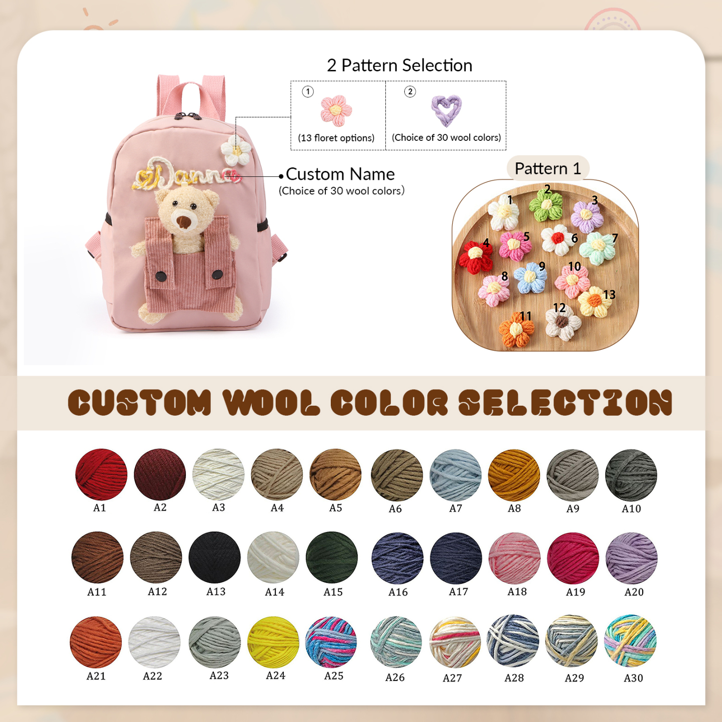 Personalised Kids Backpack with Custom Name & Teddy Bear – Flower & Heart Wool Patches School Bag Gift for Kids | Jessemade