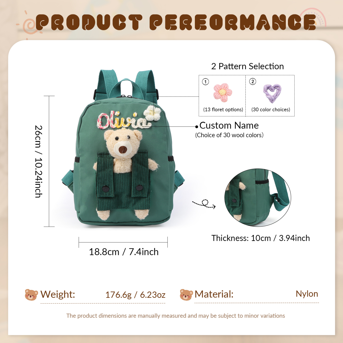 Personalised Kids Backpack with Custom Name & Teddy Bear – Flower & Heart Wool Patches School Bag Gift for Kids | Jessemade