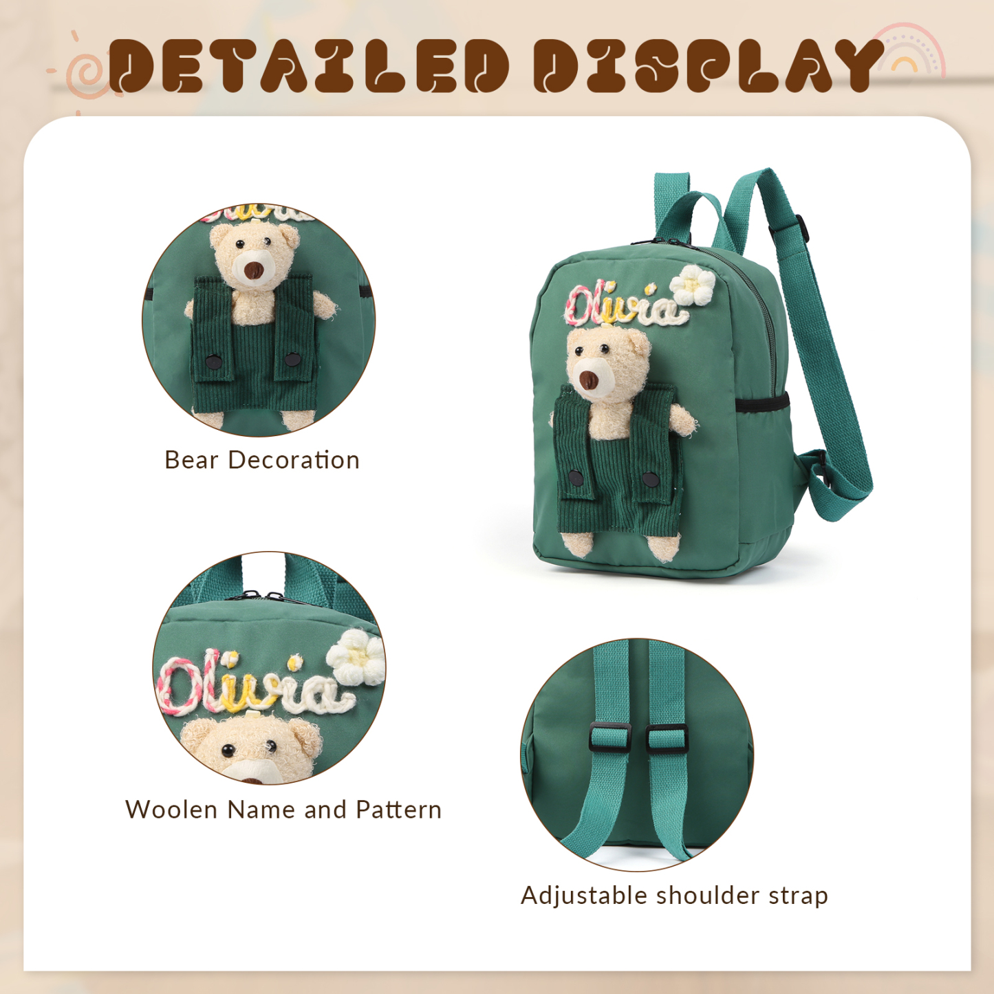 Personalised Kids Backpack with Custom Name & Teddy Bear – Flower & Heart Wool Patches School Bag Gift for Kids | Jessemade
