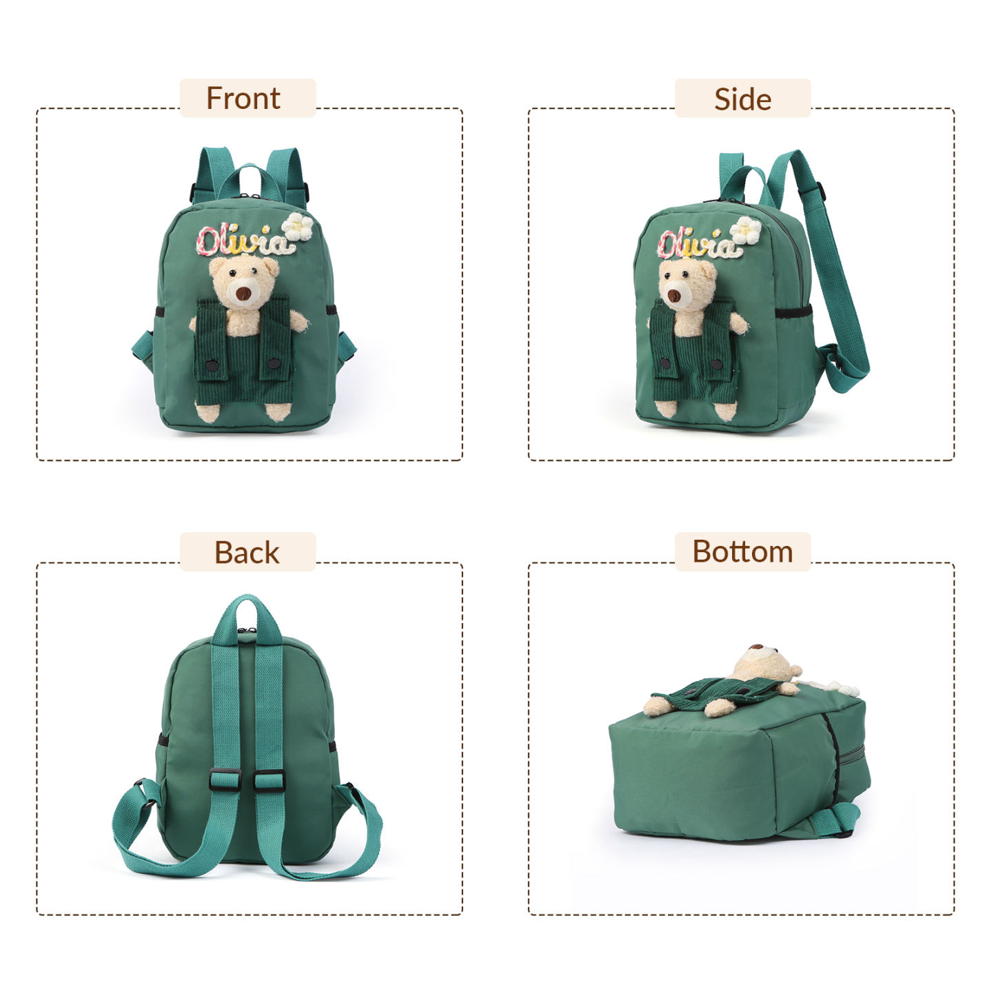 Personalised Kids Backpack with Custom Name & Teddy Bear – Flower & Heart Wool Patches School Bag Gift for Kids | Jessemade