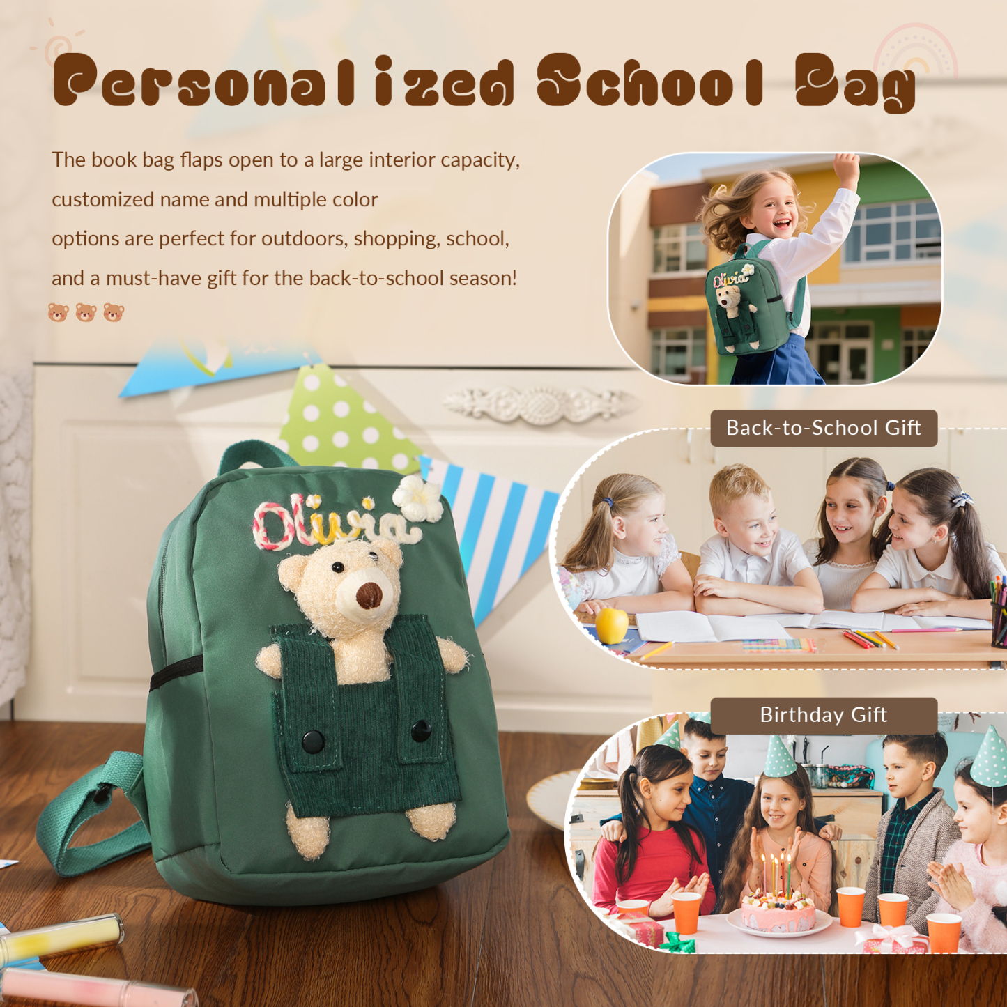 Personalised Kids Backpack with Custom Name & Teddy Bear – Flower & Heart Wool Patches School Bag Gift for Kids | Jessemade