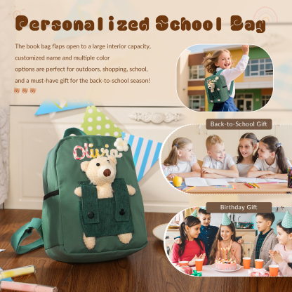 Personalised Kids Backpack with Custom Name & Teddy Bear – Flower & Heart Wool Patches School Bag Gift for Kids | Jessemade