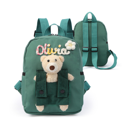 Personalised Kids Backpack with Custom Name & Teddy Bear – Flower & Heart Wool Patches School Bag Gift for Kids | Jessemade