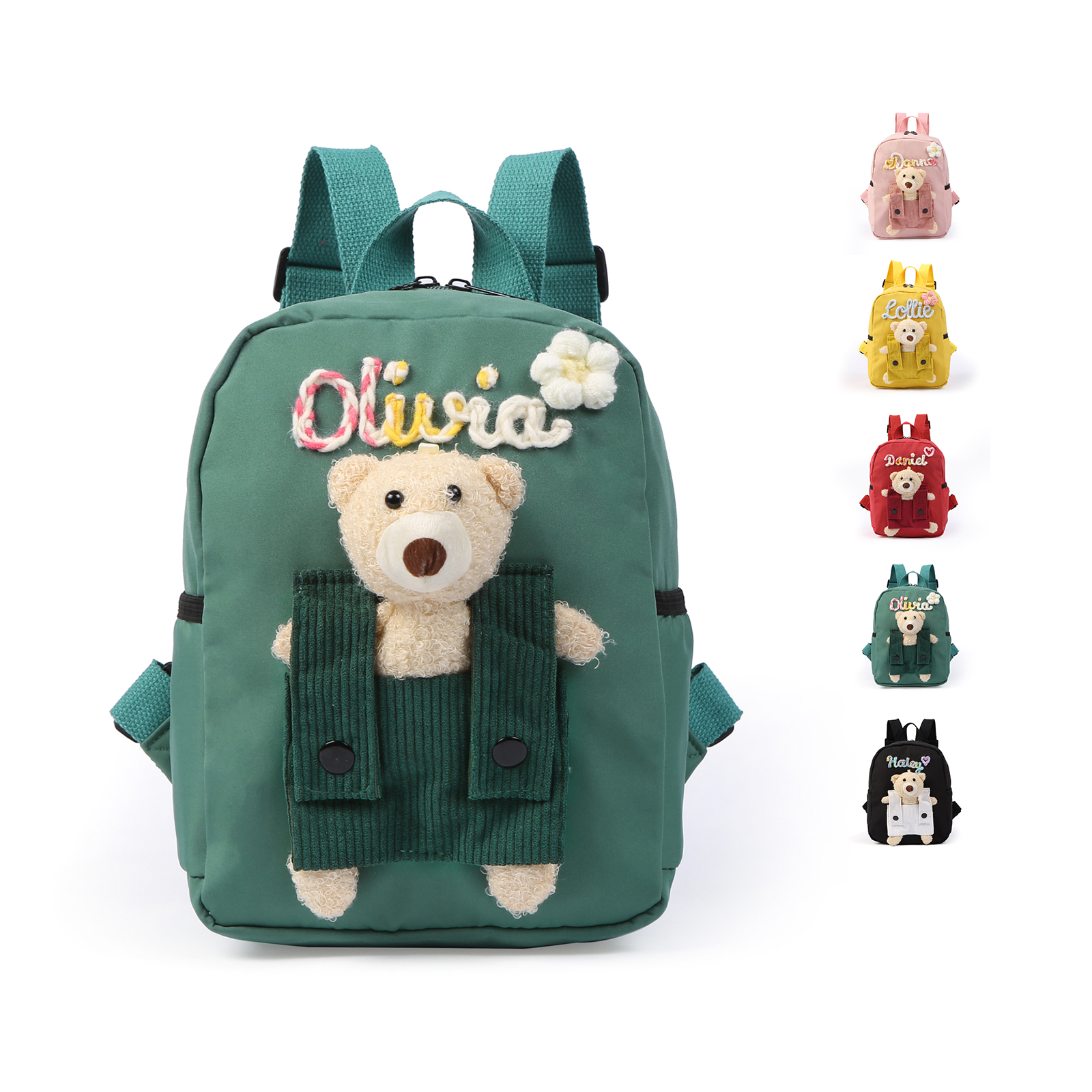 Personalised Kids Backpack with Custom Name & Teddy Bear – Flower & Heart Wool Patches School Bag Gift for Kids | Jessemade