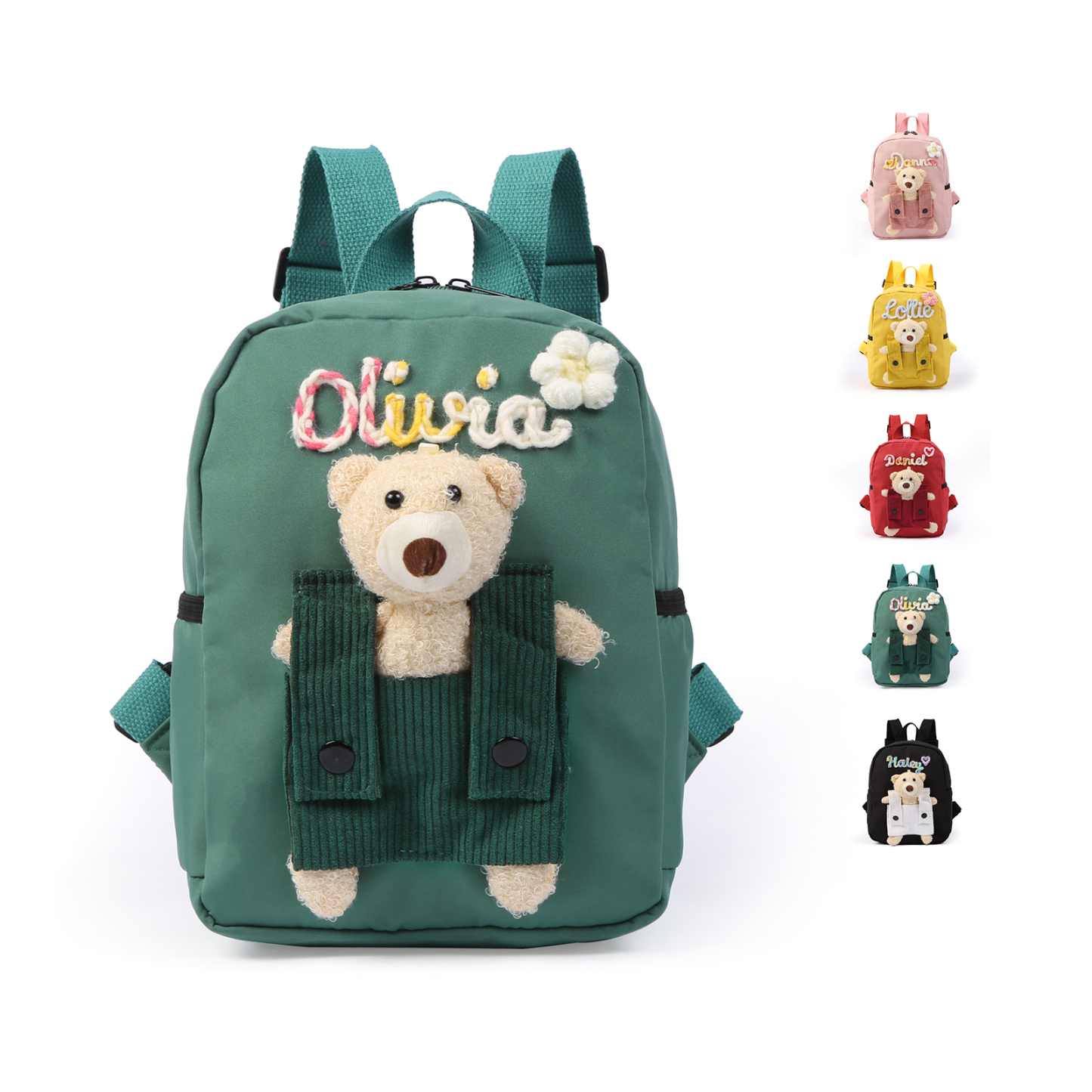 Personalised Kids Backpack with Custom Name & Teddy Bear – Flower & Heart Wool Patches School Bag Gift for Kids | Jessemade