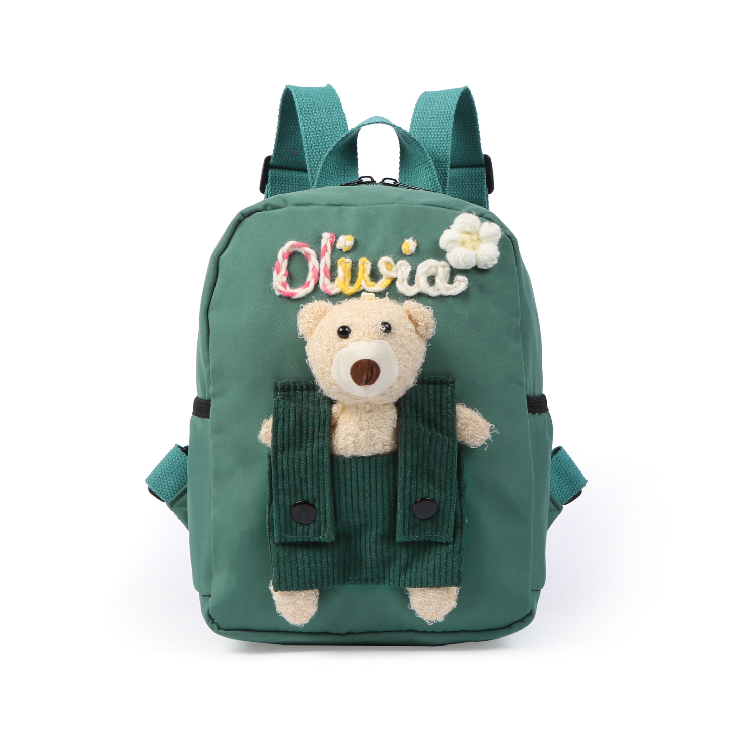 Personalised Kids Backpack with Custom Name & Teddy Bear – Flower & Heart Wool Patches School Bag Gift for Kids | Jessemade