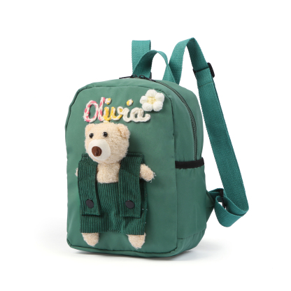 Personalised Kids Backpack with Custom Name & Teddy Bear – Flower & Heart Wool Patches School Bag Gift for Kids | Jessemade