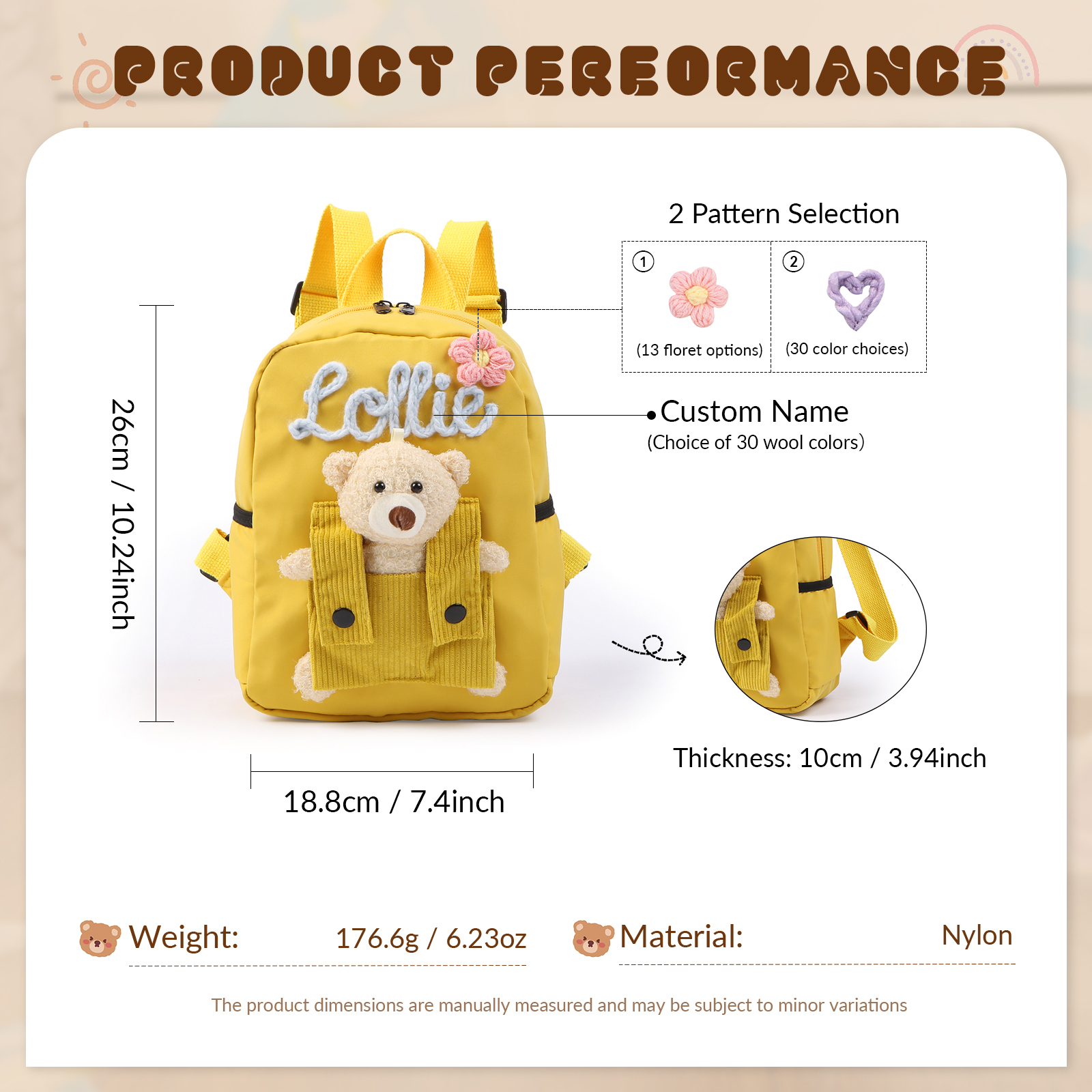 Personalised Kids Backpack with Custom Name & Teddy Bear – Flower & Heart Wool Patches School Bag Gift for Kids | Jessemade