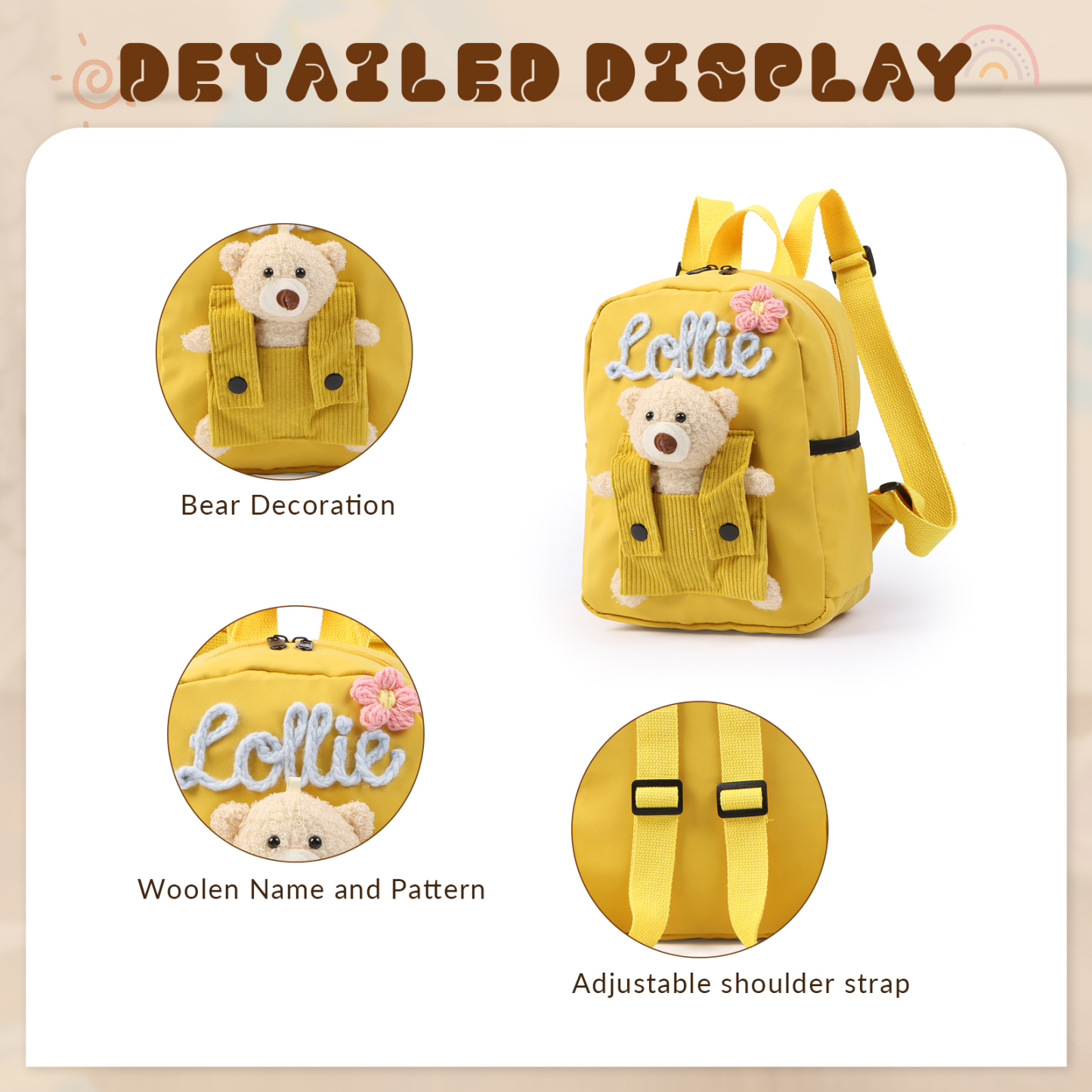 Personalised Kids Backpack with Custom Name & Teddy Bear – Flower & Heart Wool Patches School Bag Gift for Kids | Jessemade