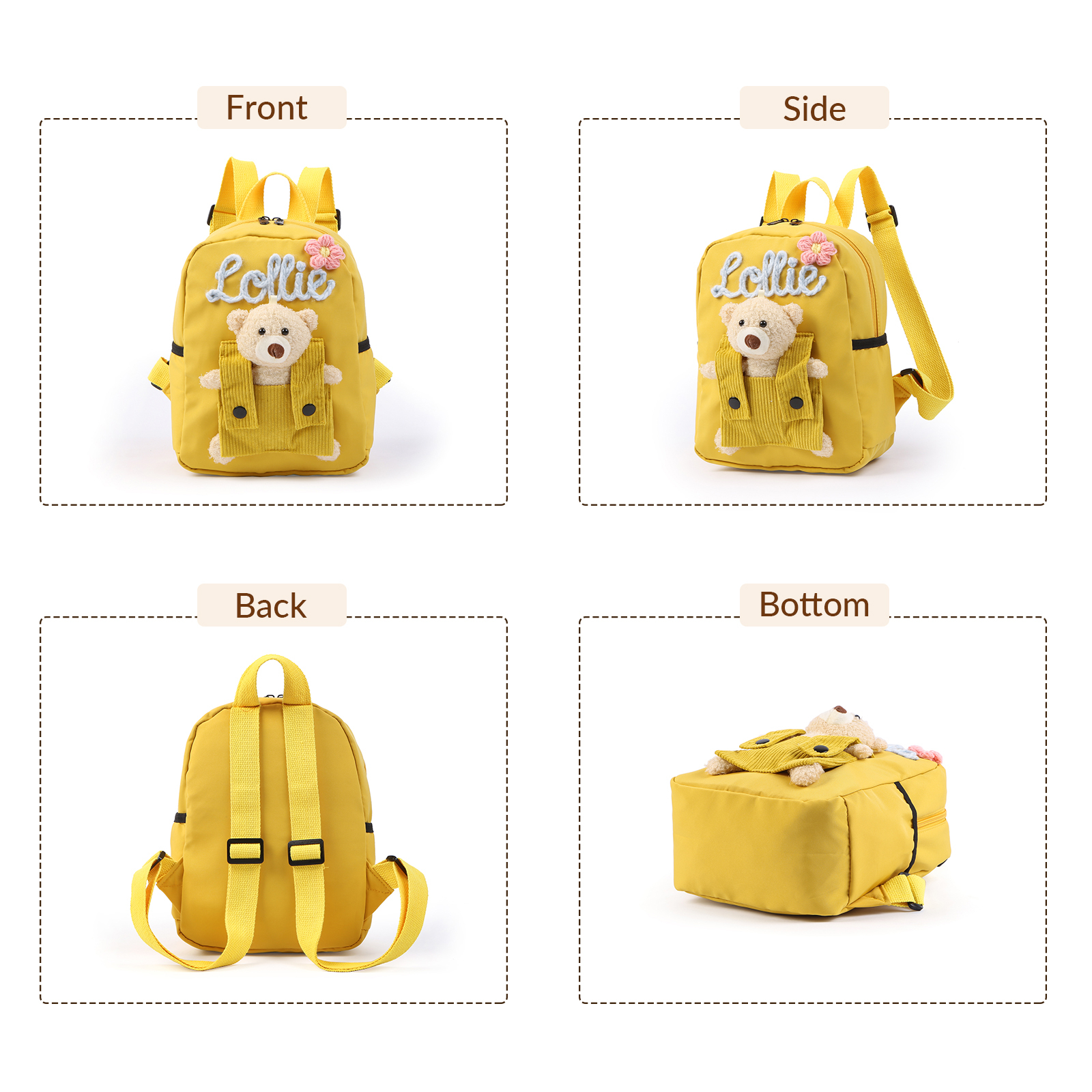 Personalised Kids Backpack with Custom Name & Teddy Bear – Flower & Heart Wool Patches School Bag Gift for Kids | Jessemade