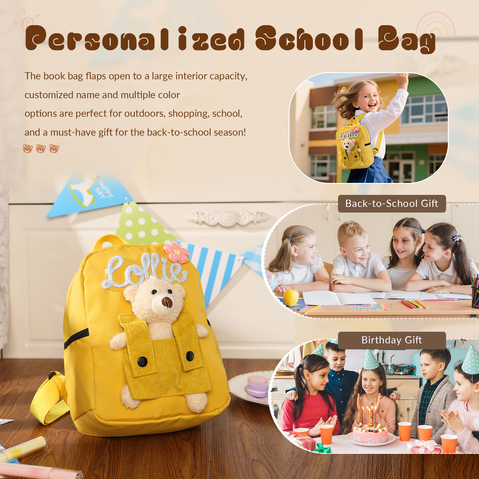 Personalised Kids Backpack with Custom Name & Teddy Bear – Flower & Heart Wool Patches School Bag Gift for Kids | Jessemade