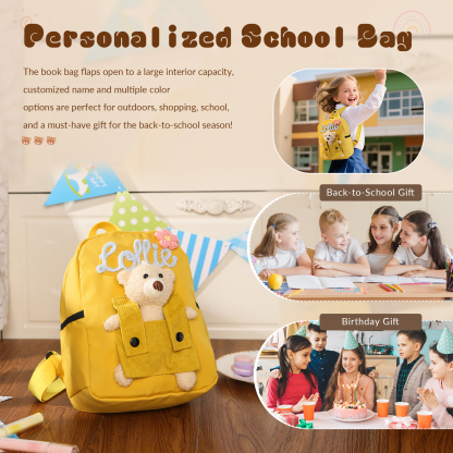 Personalised Kids Backpack with Custom Name & Teddy Bear – Flower & Heart Wool Patches School Bag Gift for Kids | Jessemade