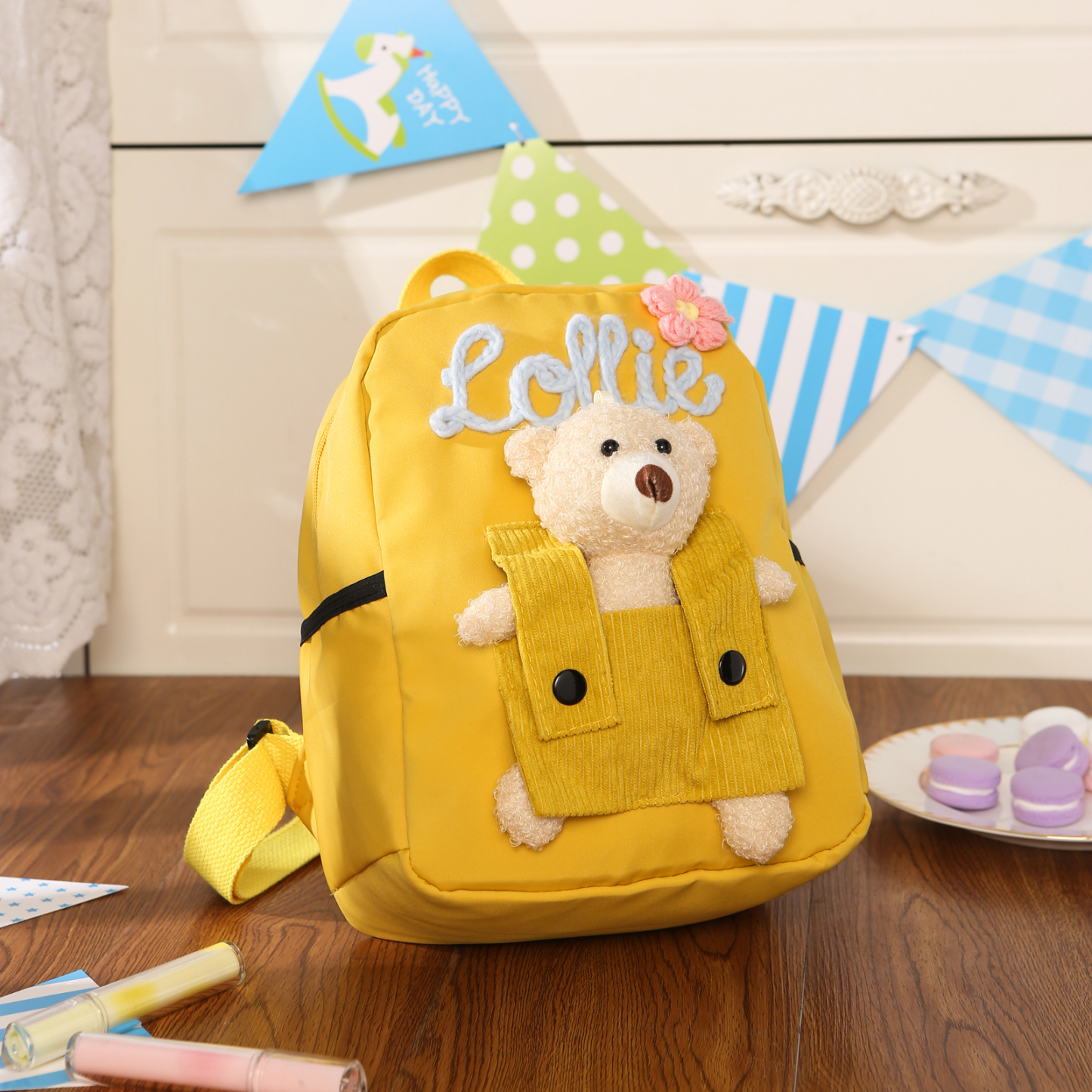 Personalised Kids Backpack with Custom Name & Teddy Bear – Flower & Heart Wool Patches School Bag Gift for Kids | Jessemade