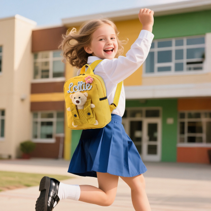 Personalised Kids Backpack with Custom Name & Teddy Bear – Flower & Heart Wool Patches School Bag Gift for Kids | Jessemade