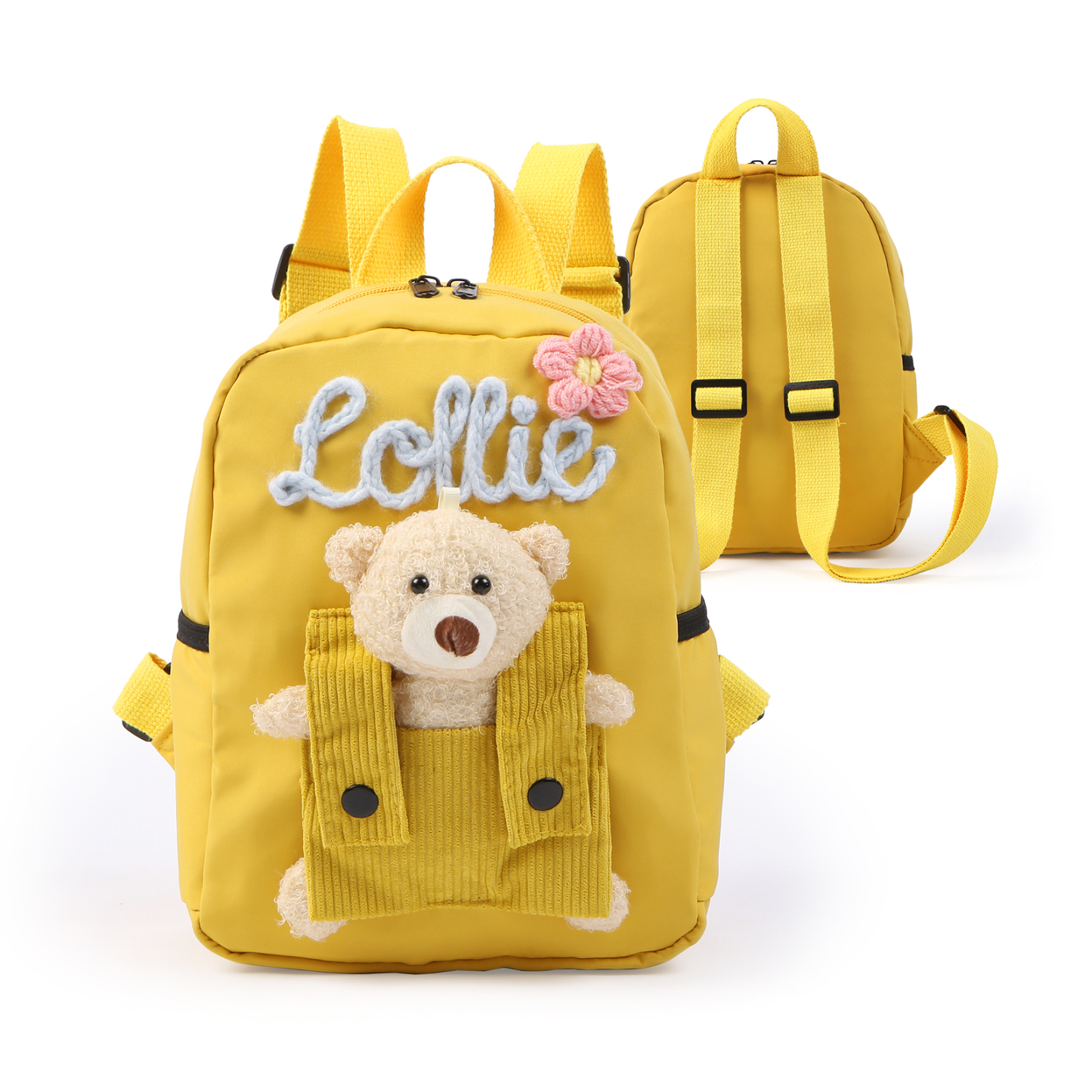 Personalised Kids Backpack with Custom Name & Teddy Bear – Flower & Heart Wool Patches School Bag Gift for Kids | Jessemade