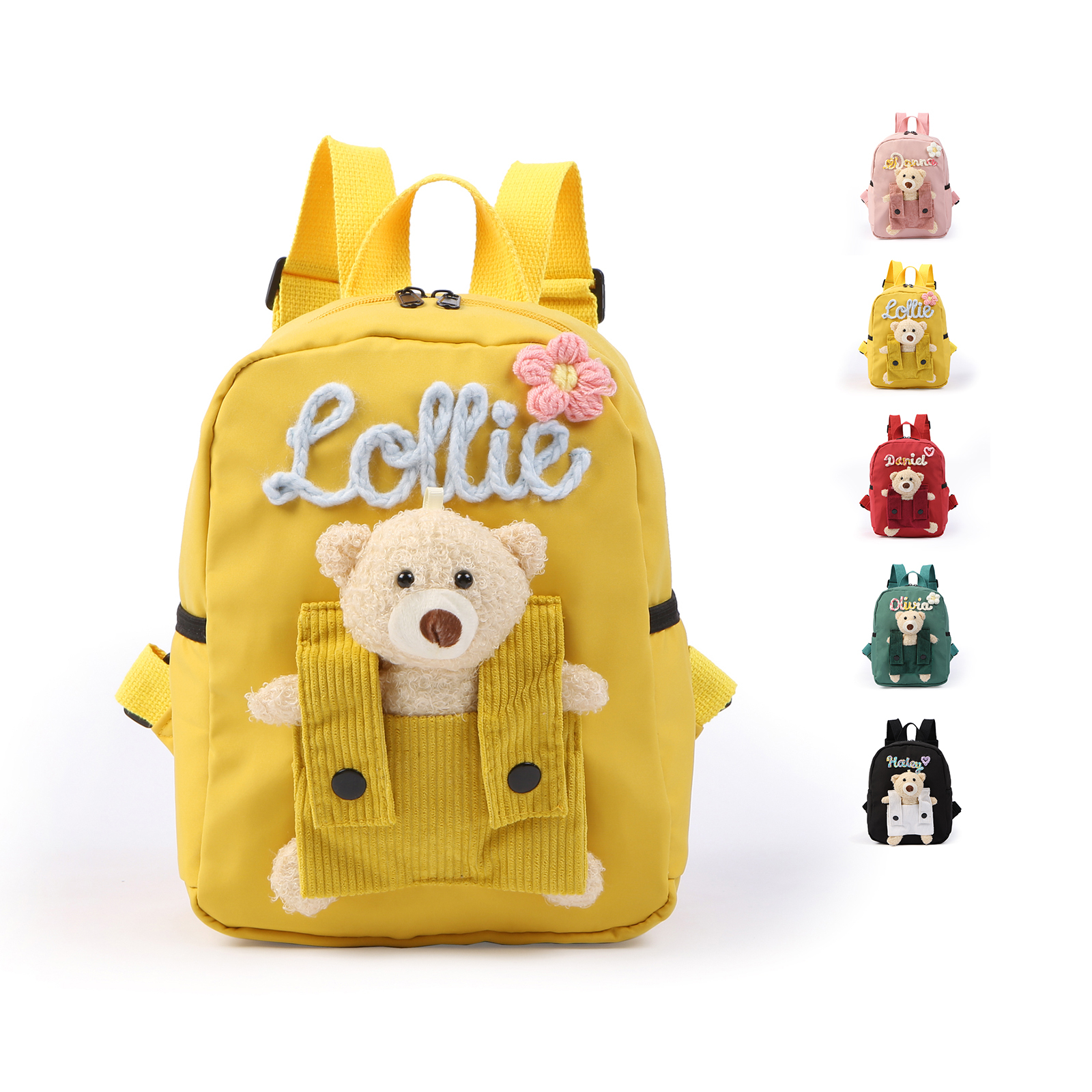 Personalised Kids Backpack with Custom Name & Teddy Bear – Flower & Heart Wool Patches School Bag Gift for Kids | Jessemade