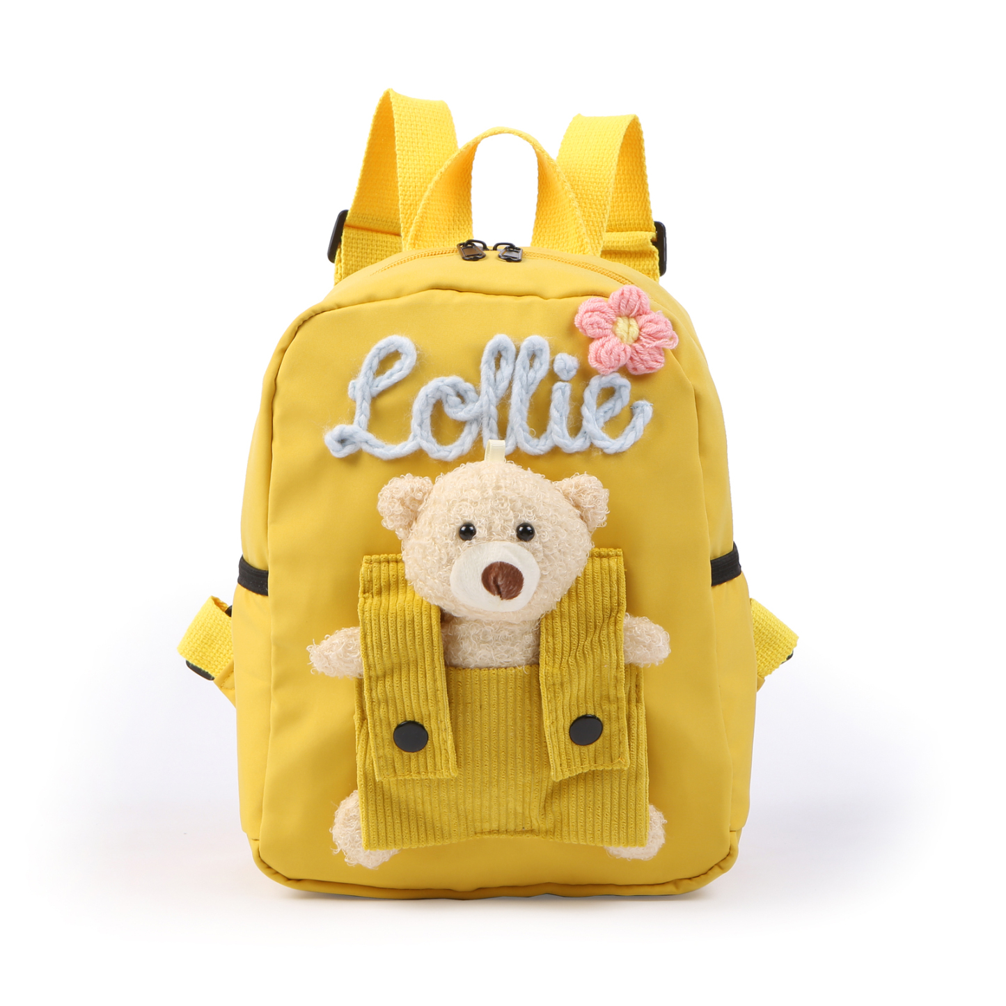 Personalised Kids Backpack with Custom Name & Teddy Bear – Flower & Heart Wool Patches School Bag Gift for Kids | Jessemade