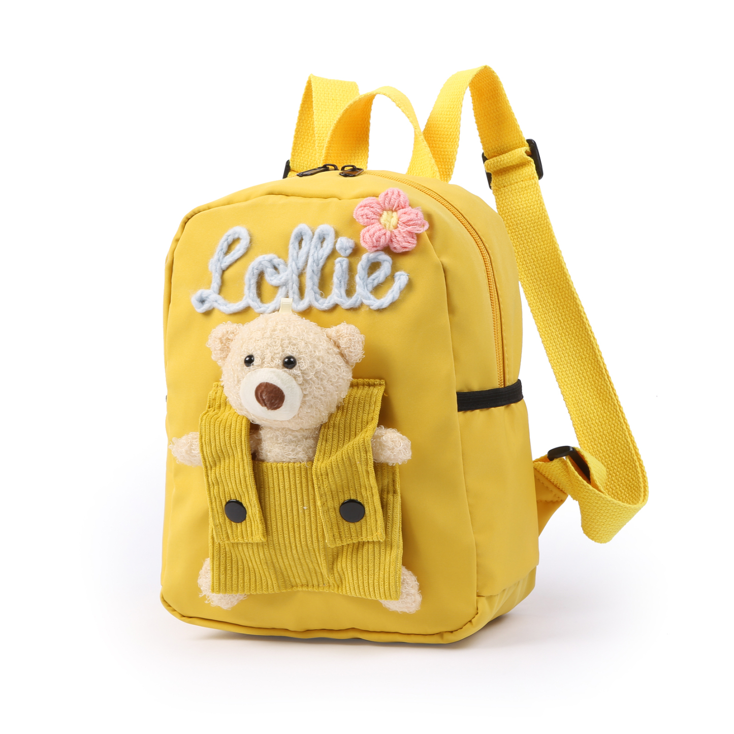 Personalised Kids Backpack with Custom Name & Teddy Bear – Flower & Heart Wool Patches School Bag Gift for Kids | Jessemade