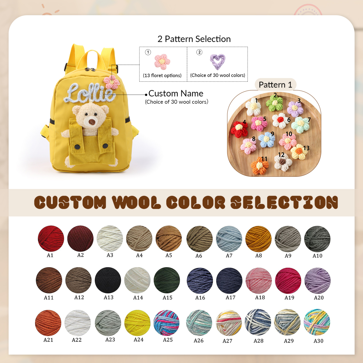 Personalised Kids Backpack with Custom Name & Teddy Bear – Flower & Heart Wool Patches School Bag Gift for Kids | Jessemade