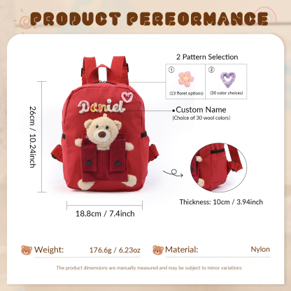 Personalised Kids Backpack with Custom Name & Teddy Bear – Flower & Heart Wool Patches School Bag Gift for Kids | Jessemade
