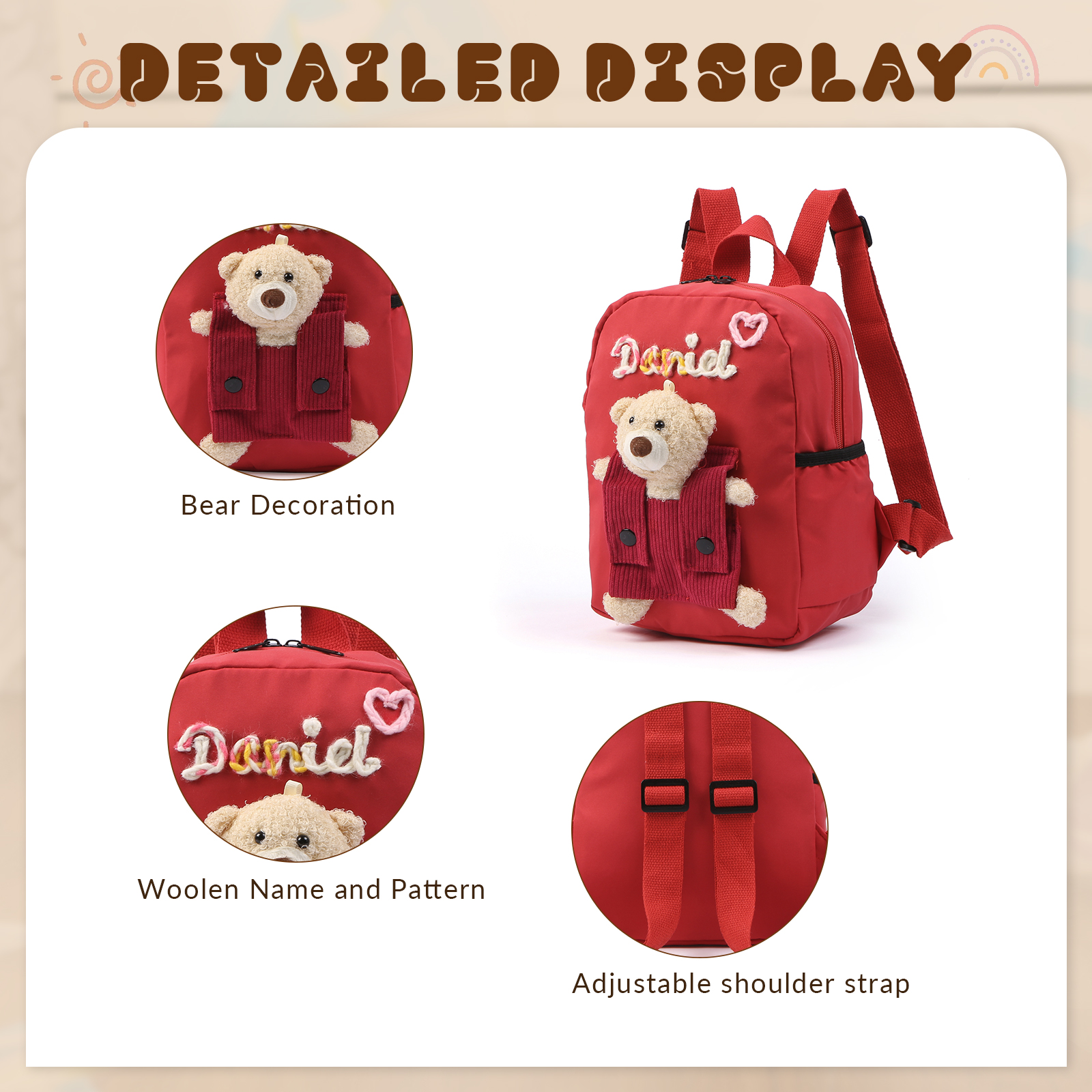 Personalised Kids Backpack with Custom Name & Teddy Bear – Flower & Heart Wool Patches School Bag Gift for Kids | Jessemade