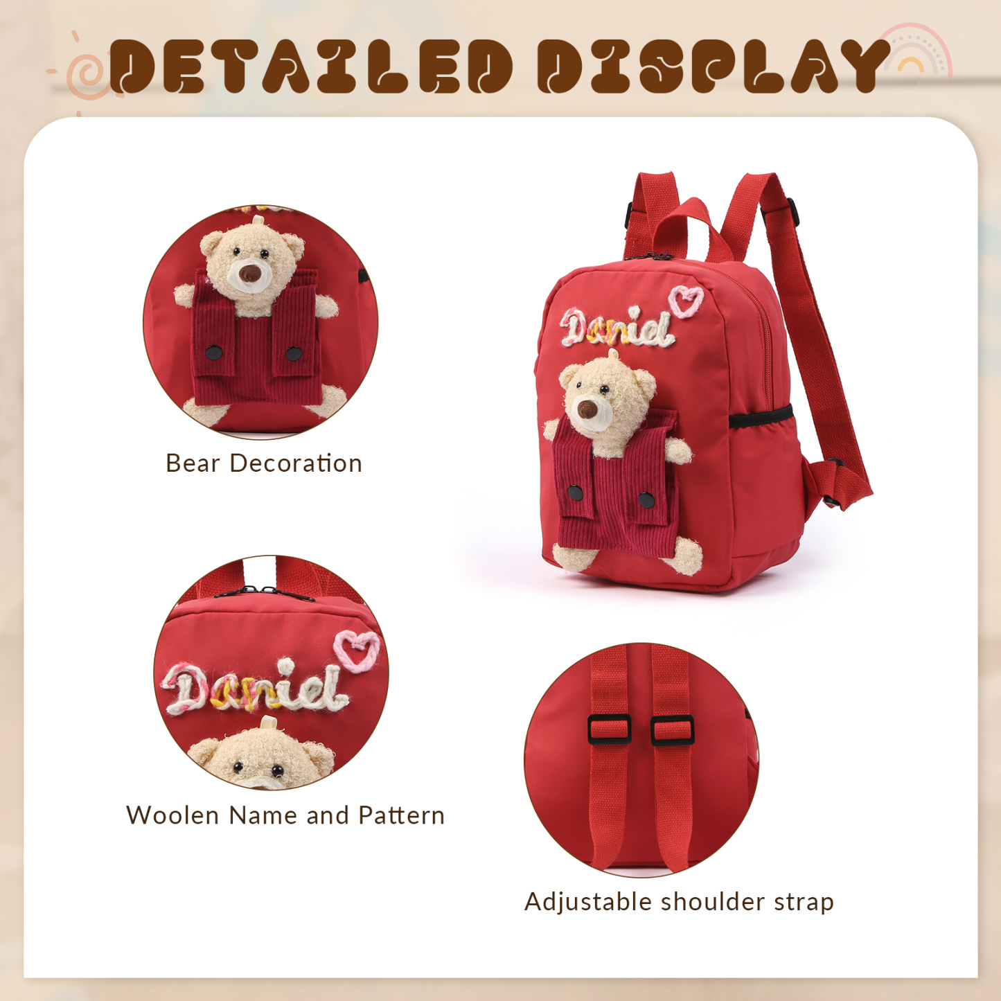 Personalised Kids Backpack with Custom Name & Teddy Bear – Flower & Heart Wool Patches School Bag Gift for Kids | Jessemade