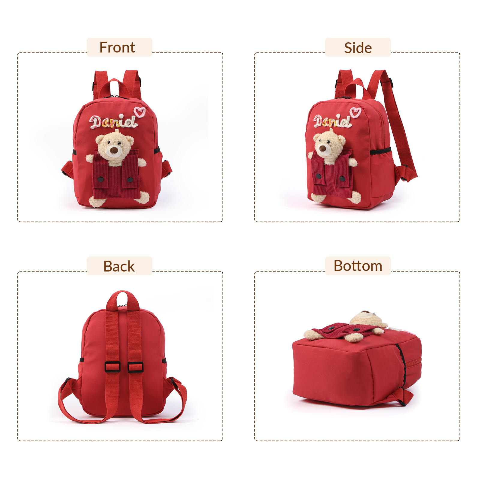 Personalised Kids Backpack with Custom Name & Teddy Bear – Flower & Heart Wool Patches School Bag Gift for Kids | Jessemade