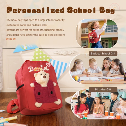 Personalised Kids Backpack with Custom Name & Teddy Bear – Flower & Heart Wool Patches School Bag Gift for Kids | Jessemade