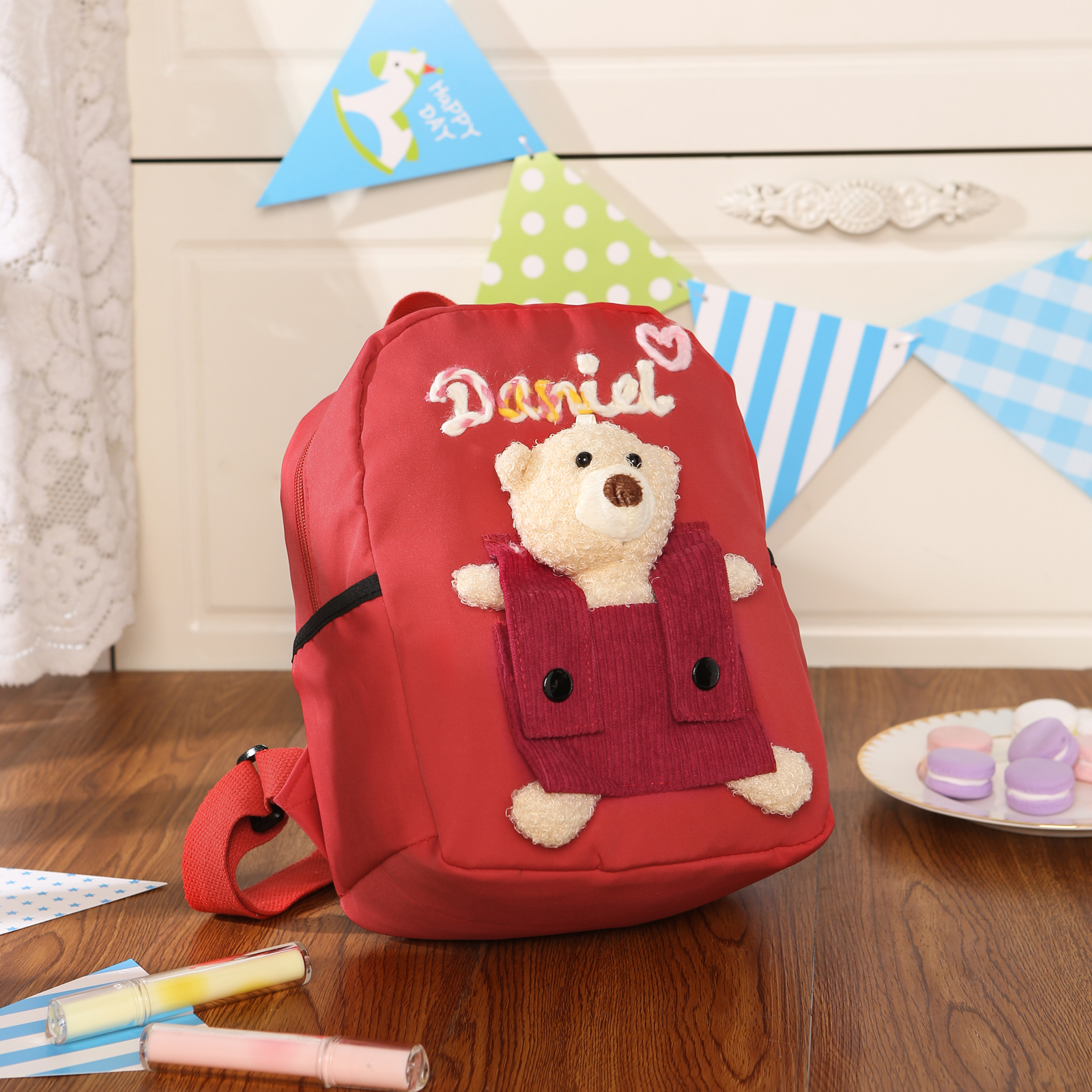 Personalised Kids Backpack with Custom Name & Teddy Bear – Flower & Heart Wool Patches School Bag Gift for Kids | Jessemade