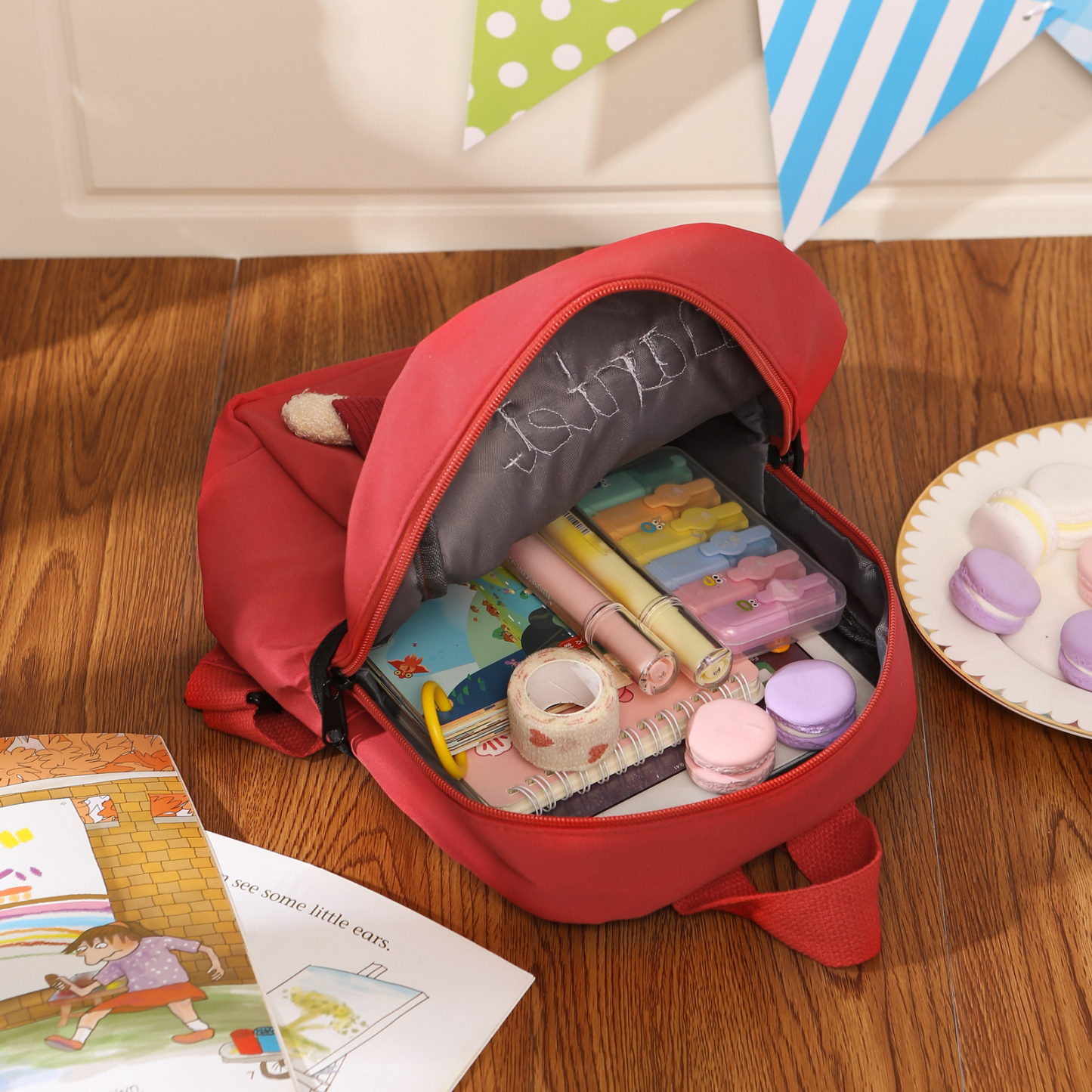 Personalised Kids Backpack with Custom Name & Teddy Bear – Flower & Heart Wool Patches School Bag Gift for Kids | Jessemade