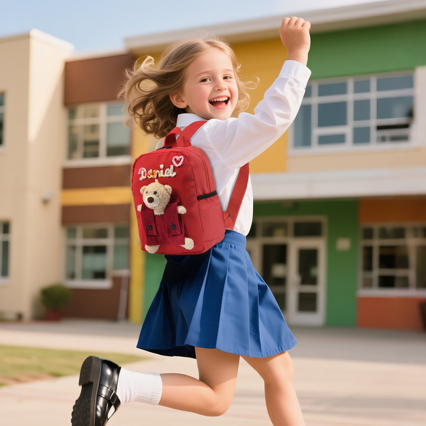 Personalised Kids Backpack with Custom Name & Teddy Bear – Flower & Heart Wool Patches School Bag Gift for Kids | Jessemade