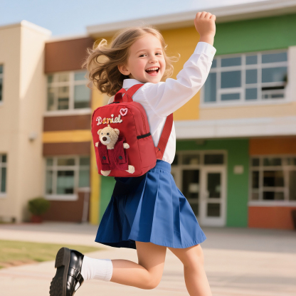 Personalised Kids Backpack with Custom Name & Teddy Bear – Flower & Heart Wool Patches School Bag Gift for Kids | Jessemade